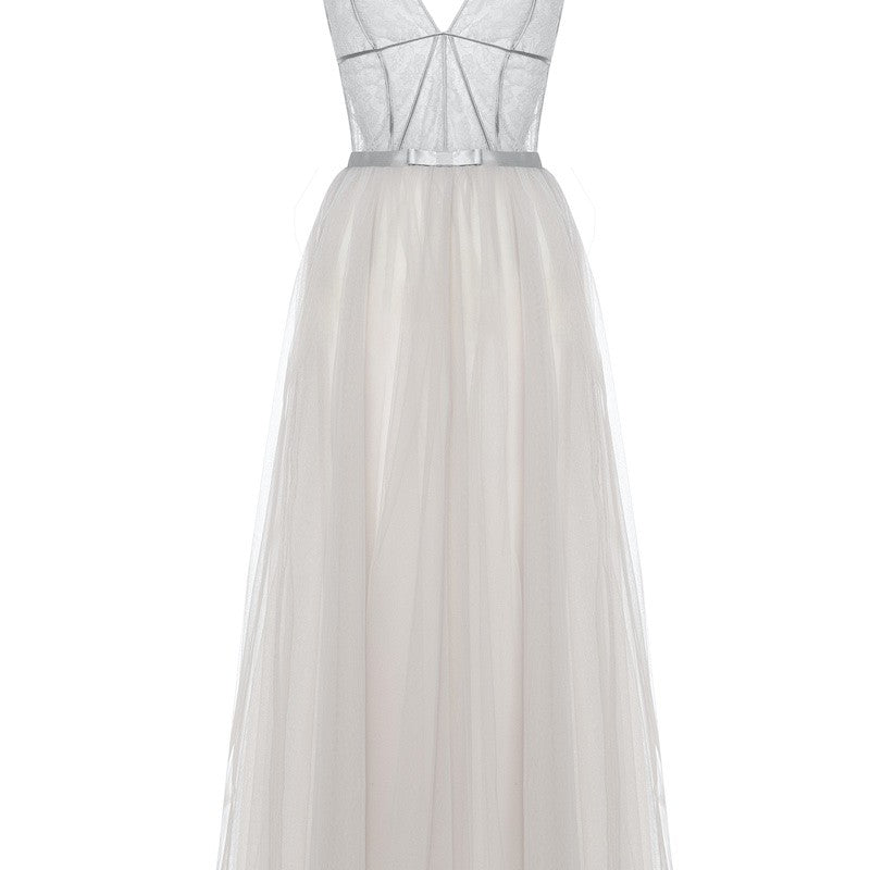 İpek Kıramer-Fairy Tale Long Tulle Chemise Gray-Gecelik-7-Milagron.com