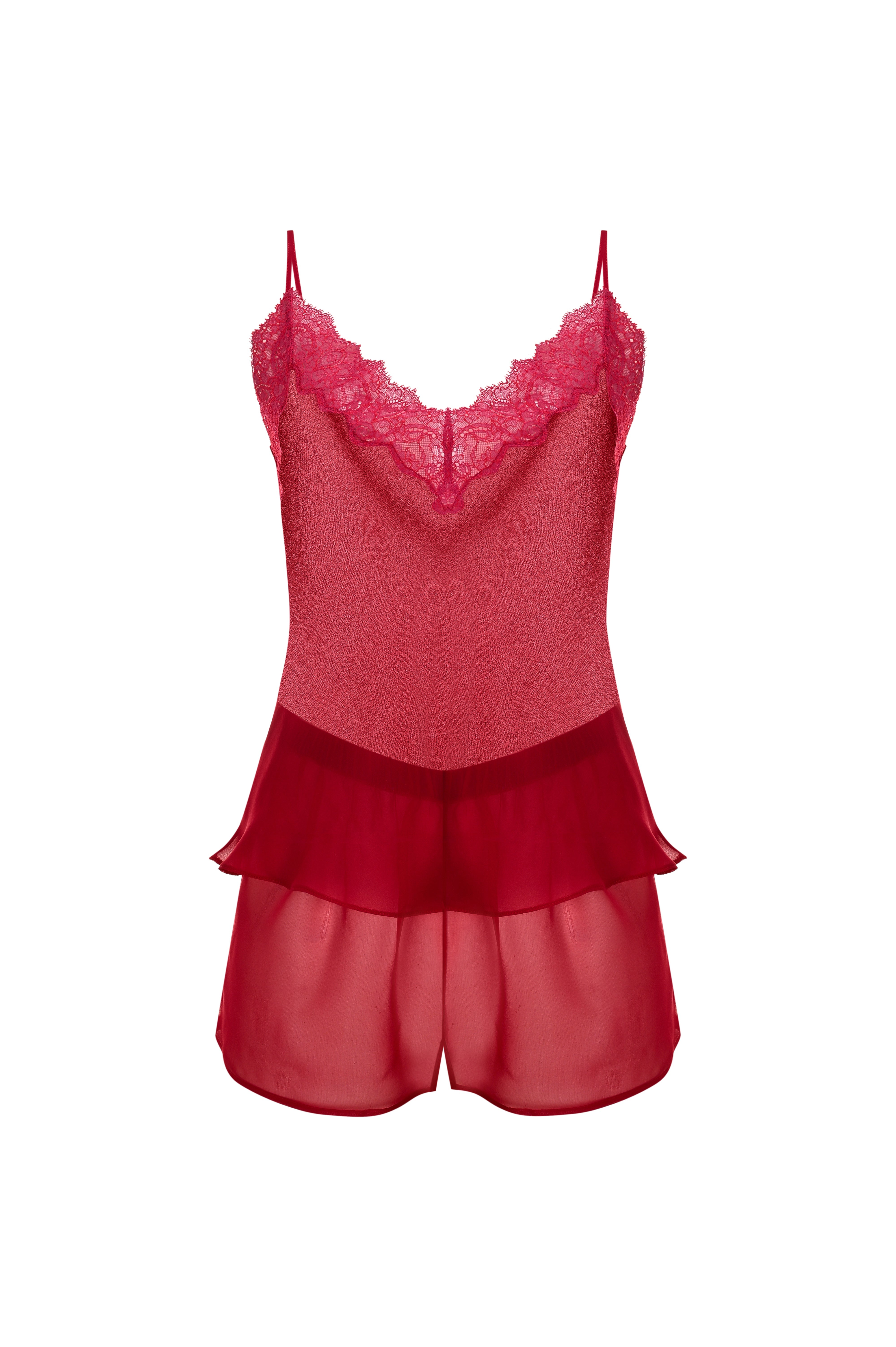 İpek Kıramer-Red Silk Chiffon Babydoll Set-Alt - Üst Takım-1-Milagron.com