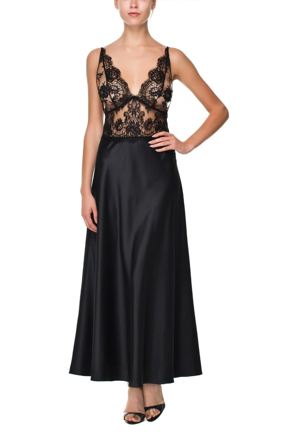 İpek Kıramer-Vampy Silk Lace Embroidered Long Chemise Black-Gecelik-2-Milagron.com