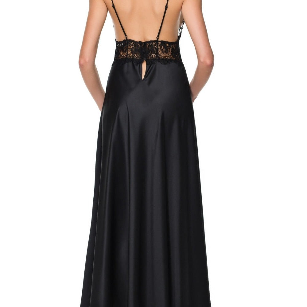 İpek Kıramer-Vampy Silk Lace Embroidered Long Chemise Black-Gecelik-4-Milagron.com