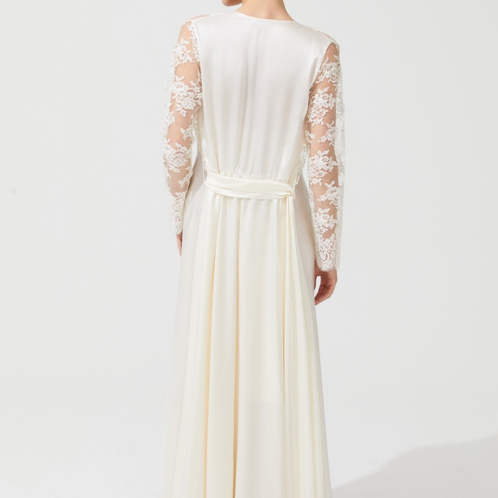 İpek Kıramer-Vampy Silk Lace Embroidered Long Suit Ecru-Gecelik-4-Milagron.com