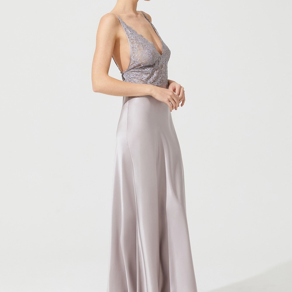 İpek Kıramer-Vampy Silk Long Chemise Gray-Gecelik-2-Milagron.com