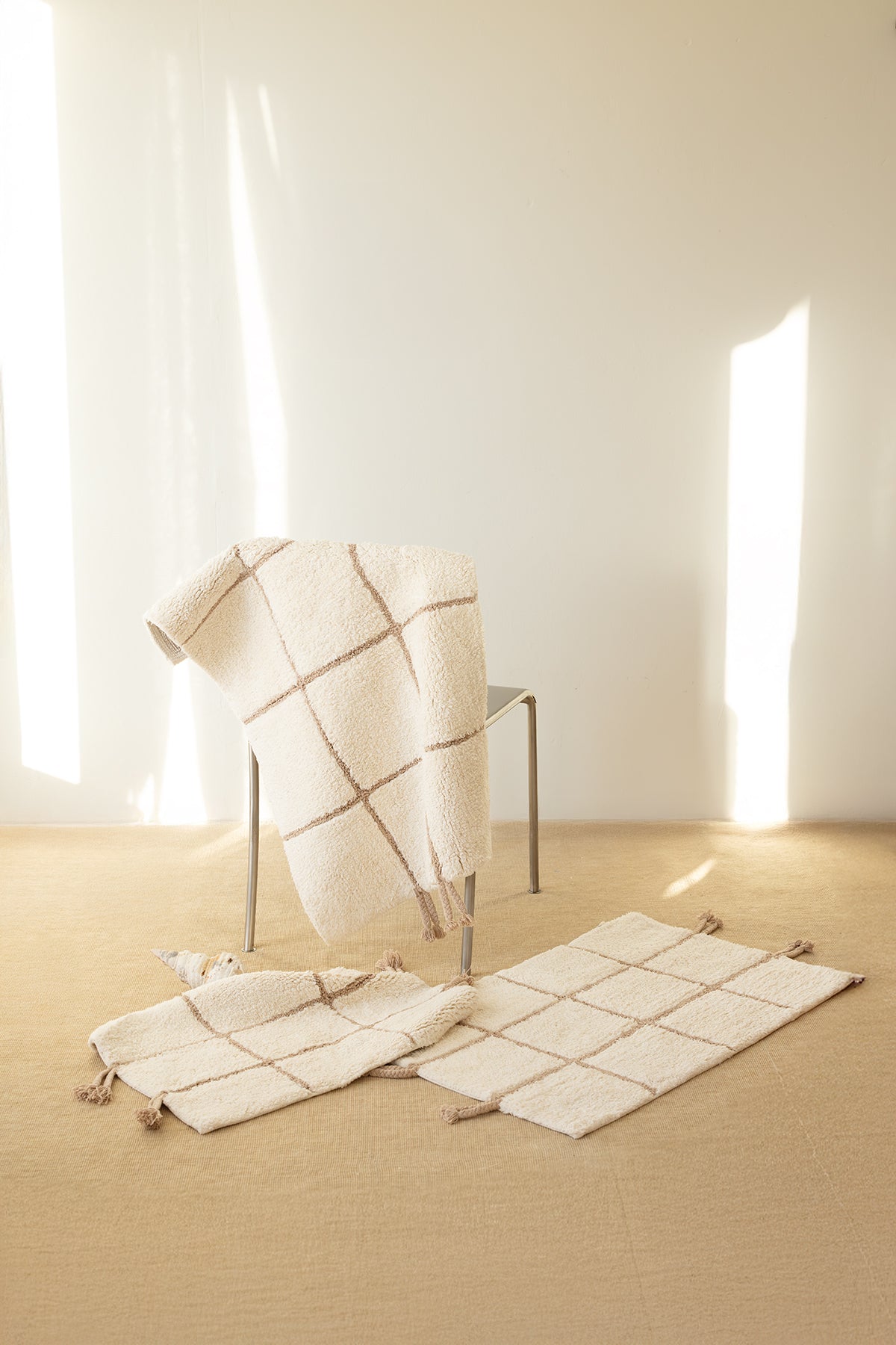 İrya-Elani 2’Li Takım Banyo Paspası %100 Pamuk 40x60+60x90 Cm Bej-Banyo Paspası-4-Milagron.com