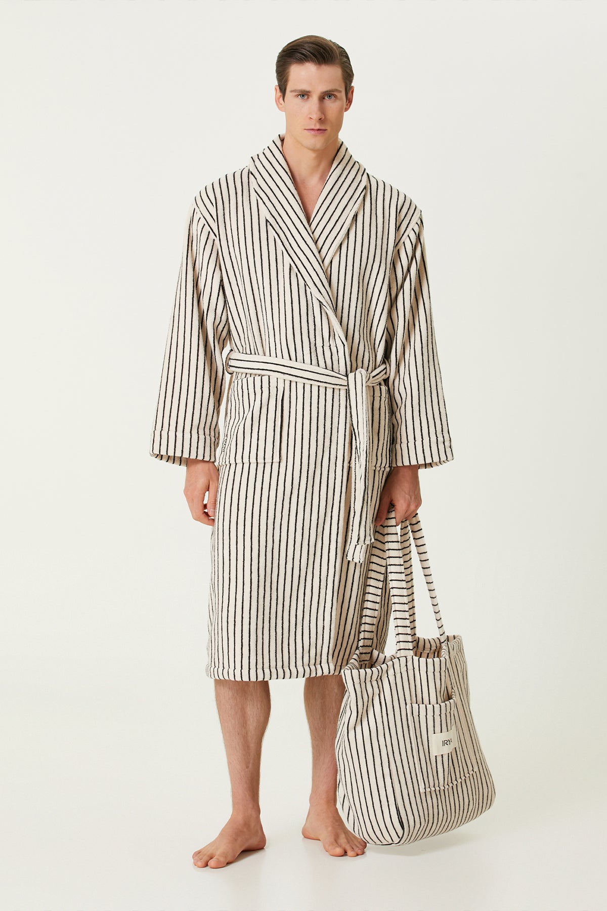 Irya-In Lines İpliği Boyalı Erkek Bornoz Ekru-Bornoz-2-Milagron.com