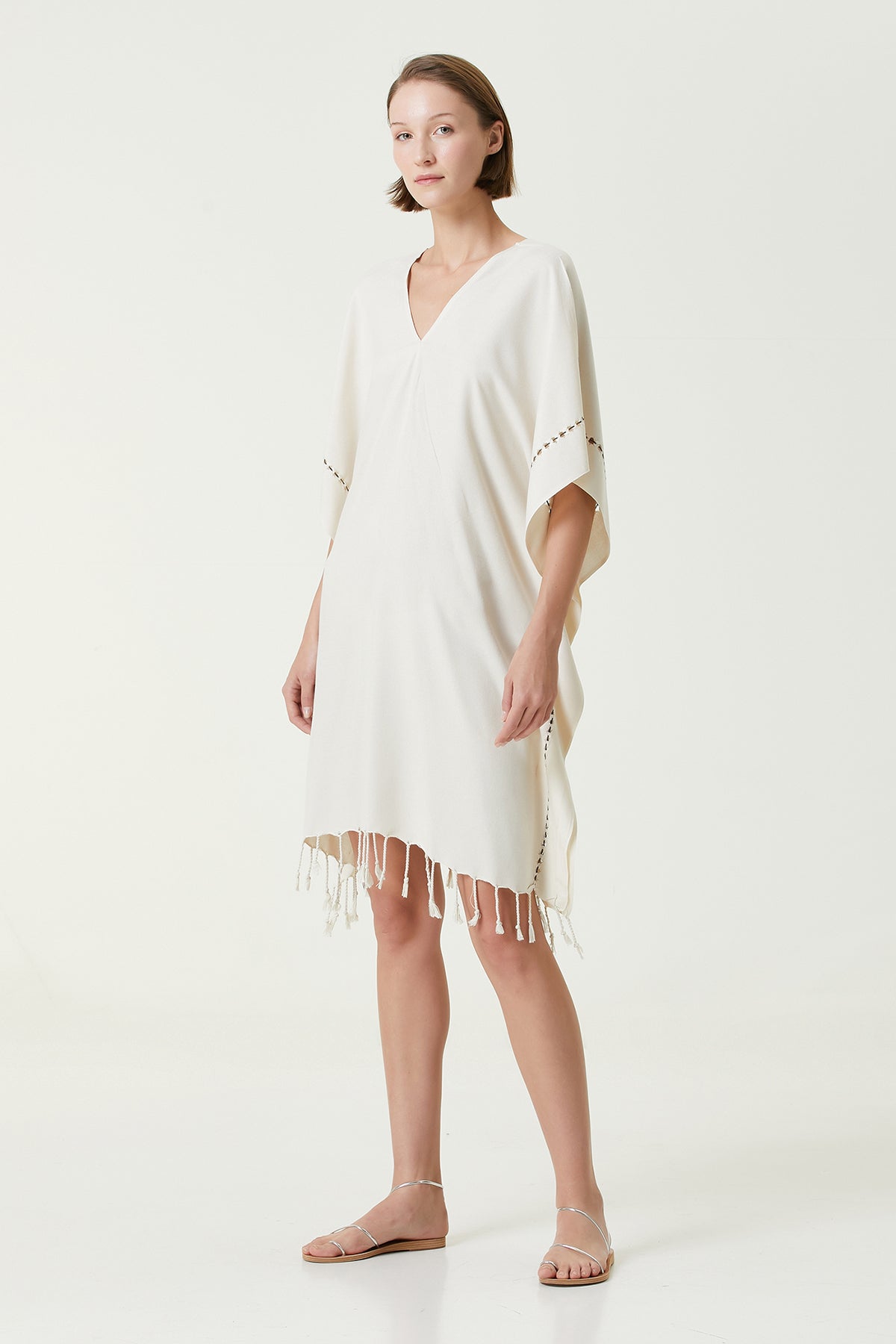 Irya-Layla V Yaka Elbise Bej-Elbise-1-Milagron.com