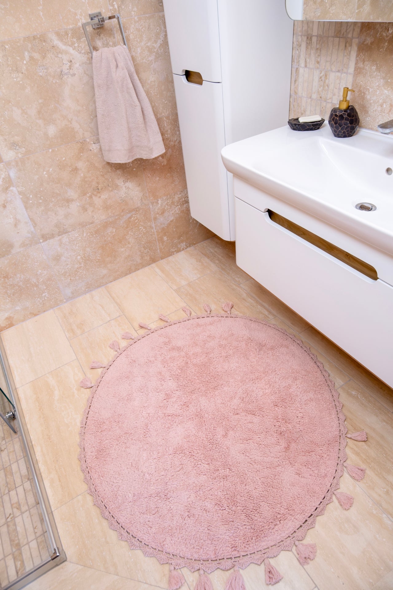 Irya-Lowell Yuvarlak Banyo Paspası %100 Pamuk 100x100 Pembe-Paspas-2-Milagron.com