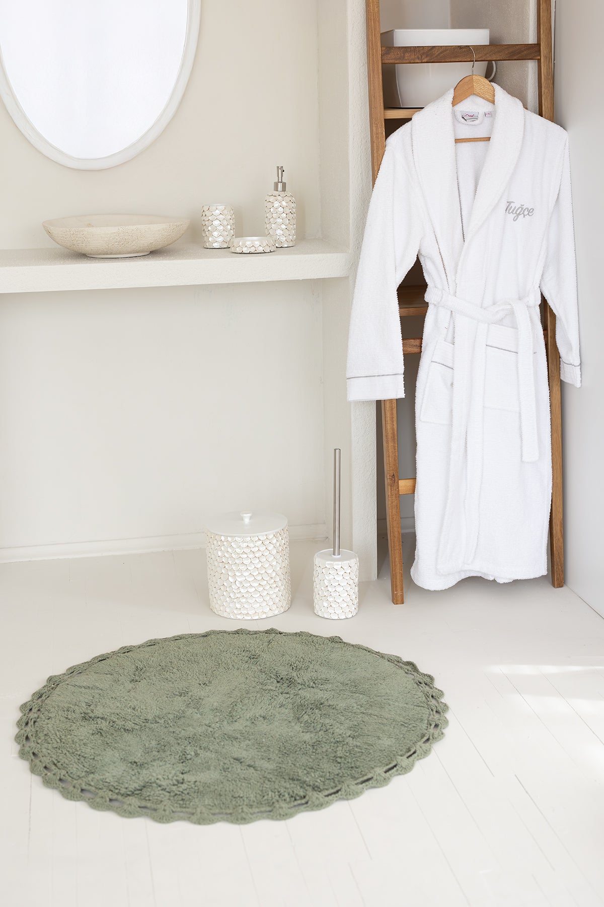 Irya-Luna Yuvarlak Banyo Paspası %100 Pamuk 90x90 Haki-Paspas-2-Milagron.com