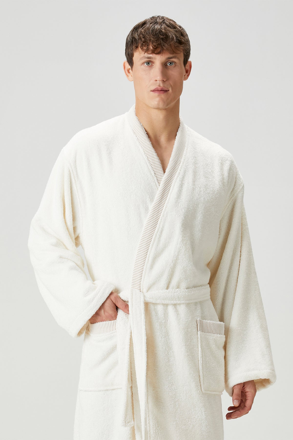 İRYA-Marble %100 Pamuk Erkek Bornoz Ekru-Bornoz-7-Milagron.com