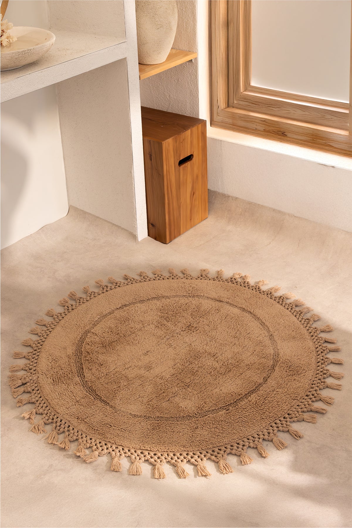 Irya-Nora Yuvarlak Banyo Paspası %100 Pamuk 90x90 Bej-Paspas-4-Milagron.com