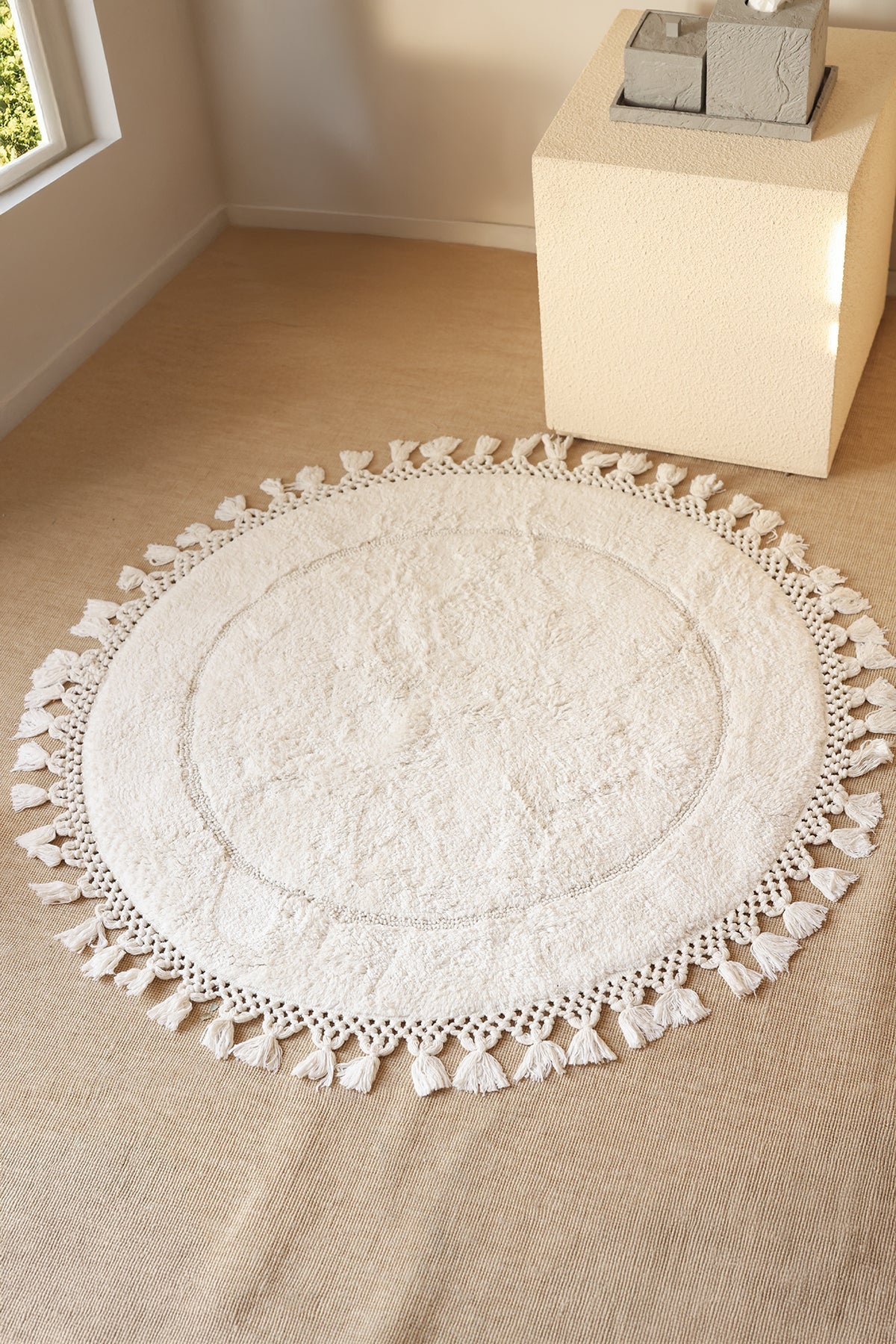 Irya-Nora Yuvarlak Banyo Paspası %100 Pamuk 90x90 Ekru-Paspas-1-Milagron.com