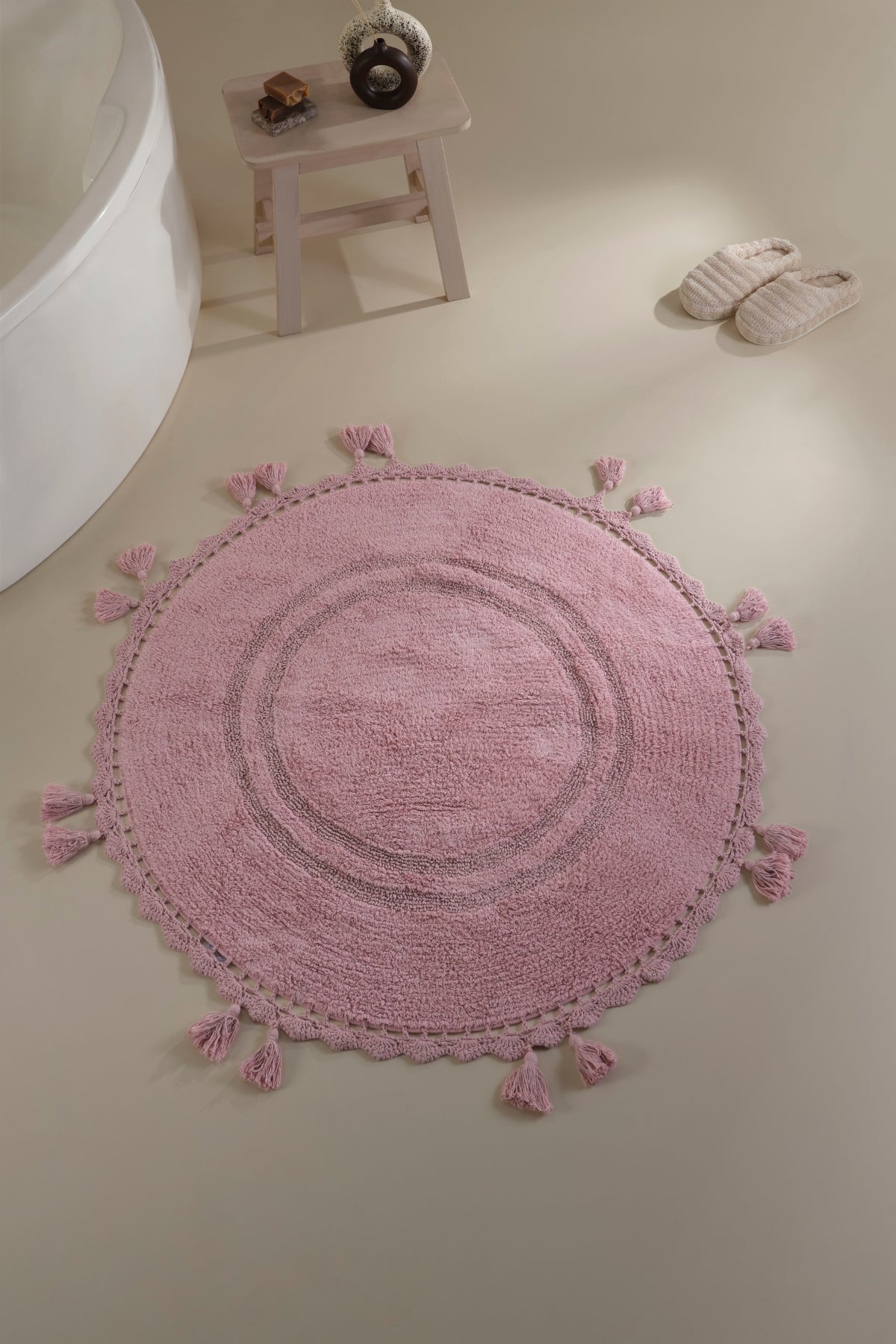 Irya-Olivid Yuvarlak Banyo Paspası %100 Pamuk 100x100 Pembe-Paspas-1-Milagron.com