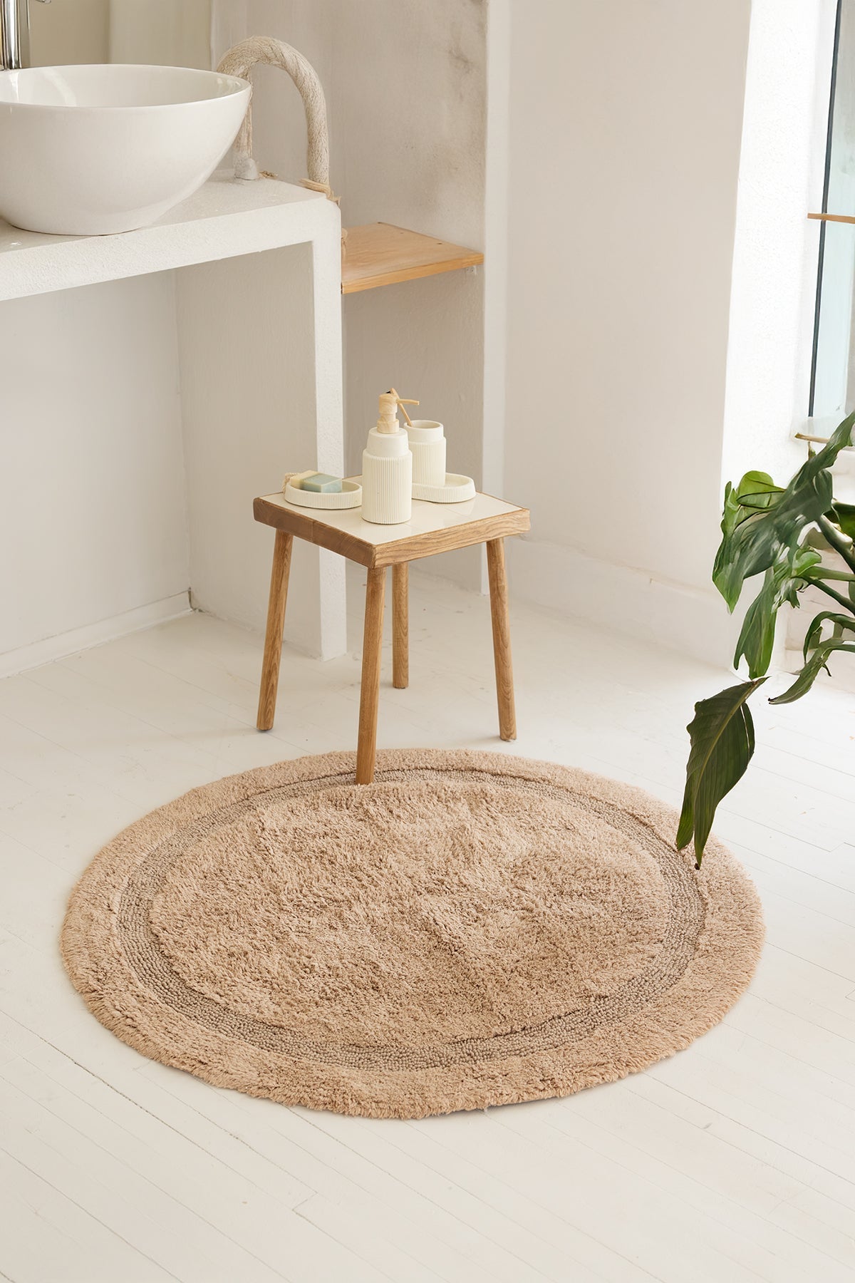 İrya-Puffed Yuvarlak Banyo Paspası %100 Pamuk 100x100 Bej-Banyo Paspası-1-Milagron.com