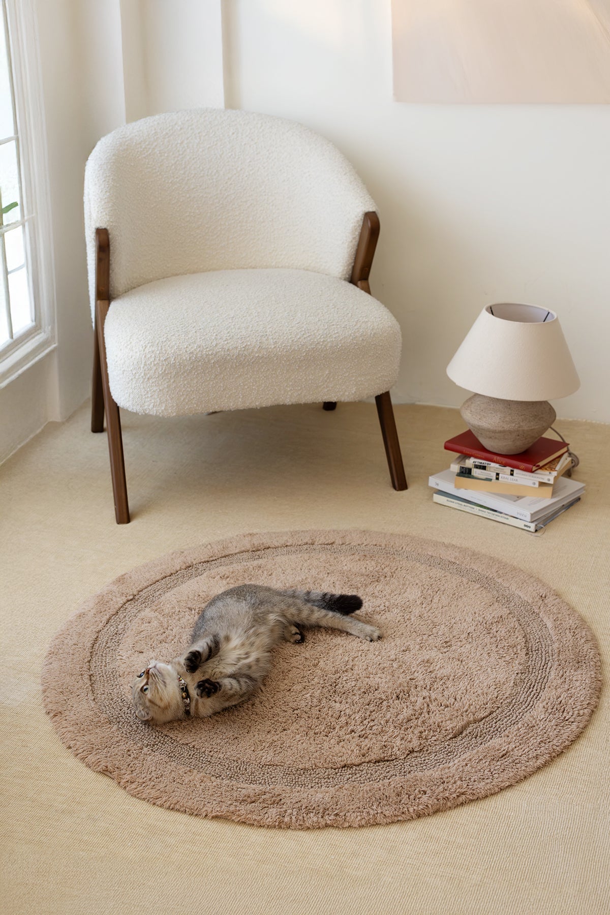 İrya-Puffed Yuvarlak Banyo Paspası %100 Pamuk 100x100 Bej-Banyo Paspası-2-Milagron.com