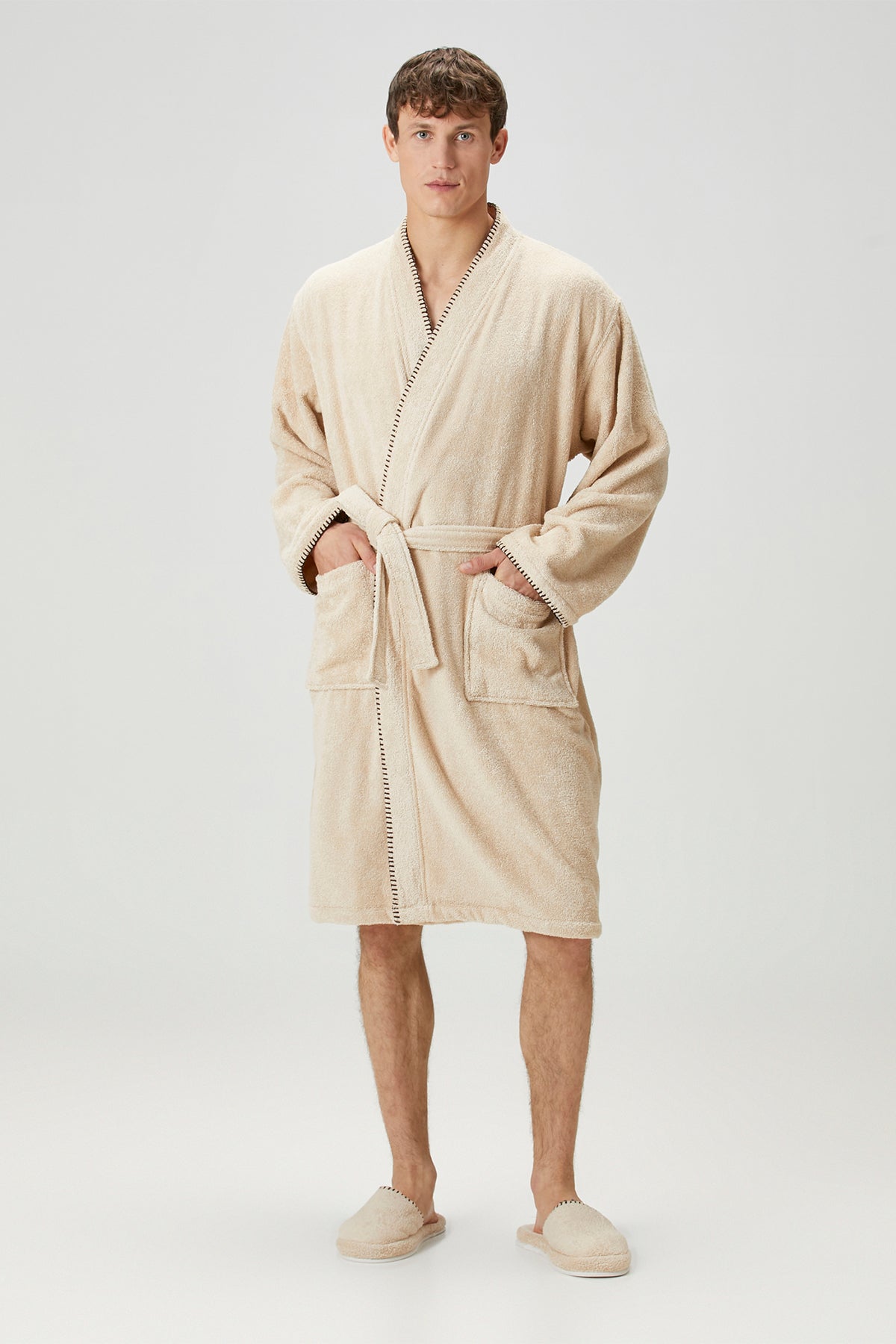 İrya-Shadow %100 Pamuk Erkek Bornoz Bej-Bornoz-1-Milagron.com