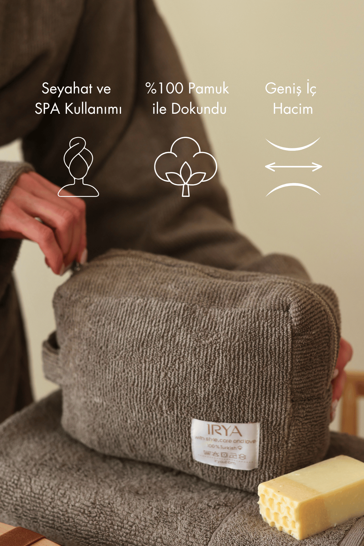 İRYA-Solena %100 Pamuk Havlu Bakım çantası Gri-Makyaj Çantası-2-Milagron.com