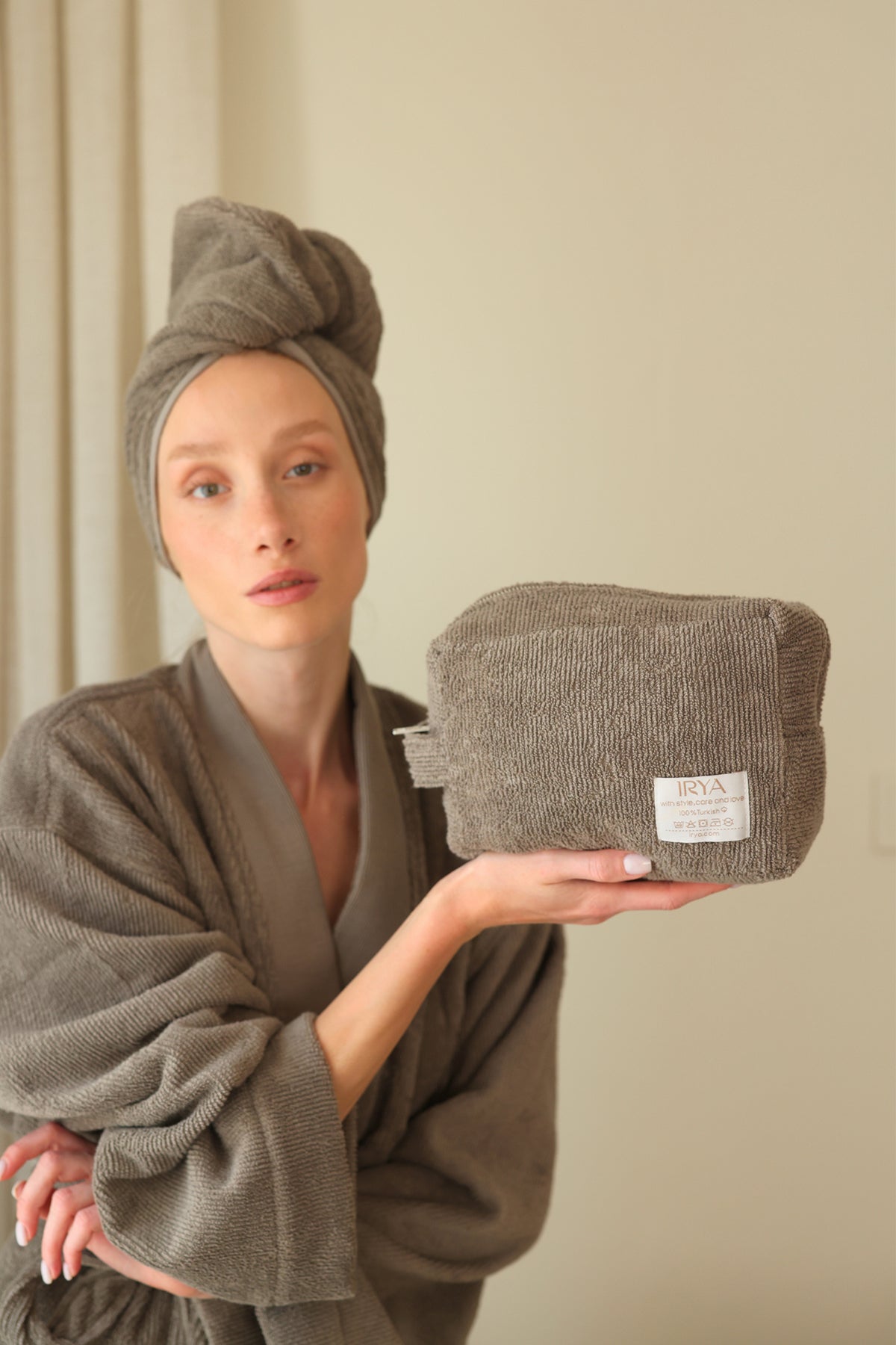 Irya-Solena %100 Pamuk Kadın Bornoz Gri-Bornoz-2-Milagron.com