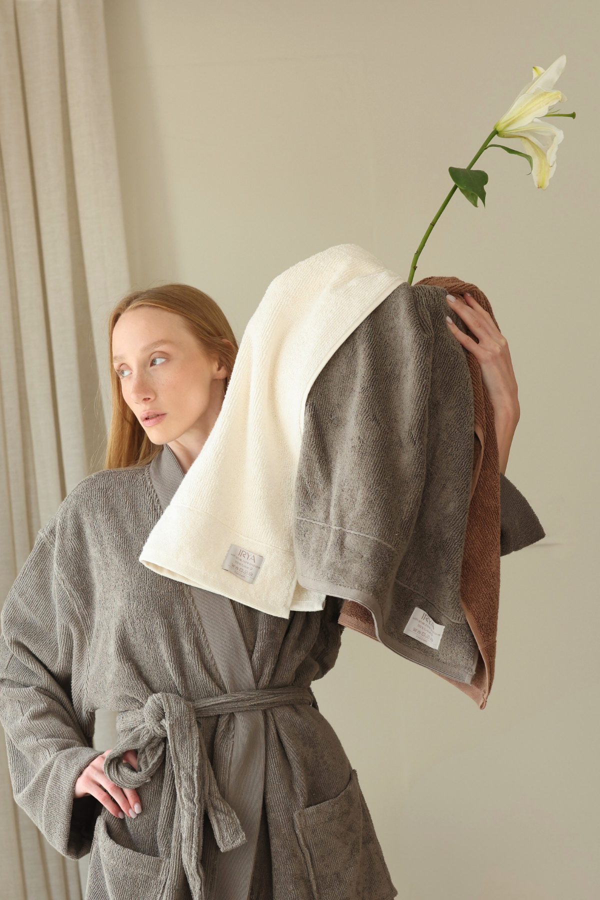 Irya-Solena %100 Pamuk Kadın Bornoz Gri-Bornoz-6-Milagron.com