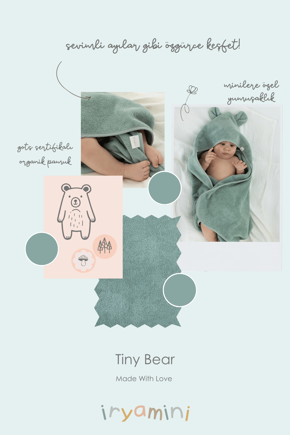 Irya-Tiny Bear Organik Pamuk Bebek Kundak Mint 75x75-Havlu & Peştamal-4-Milagron.com