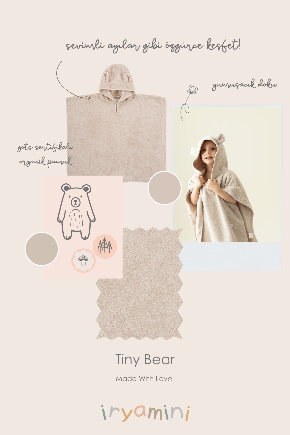Irya-Tiny Bear Organik Pamuk Çocuk Panço Bej-Havlu & Peştamal-4-Milagron.com
