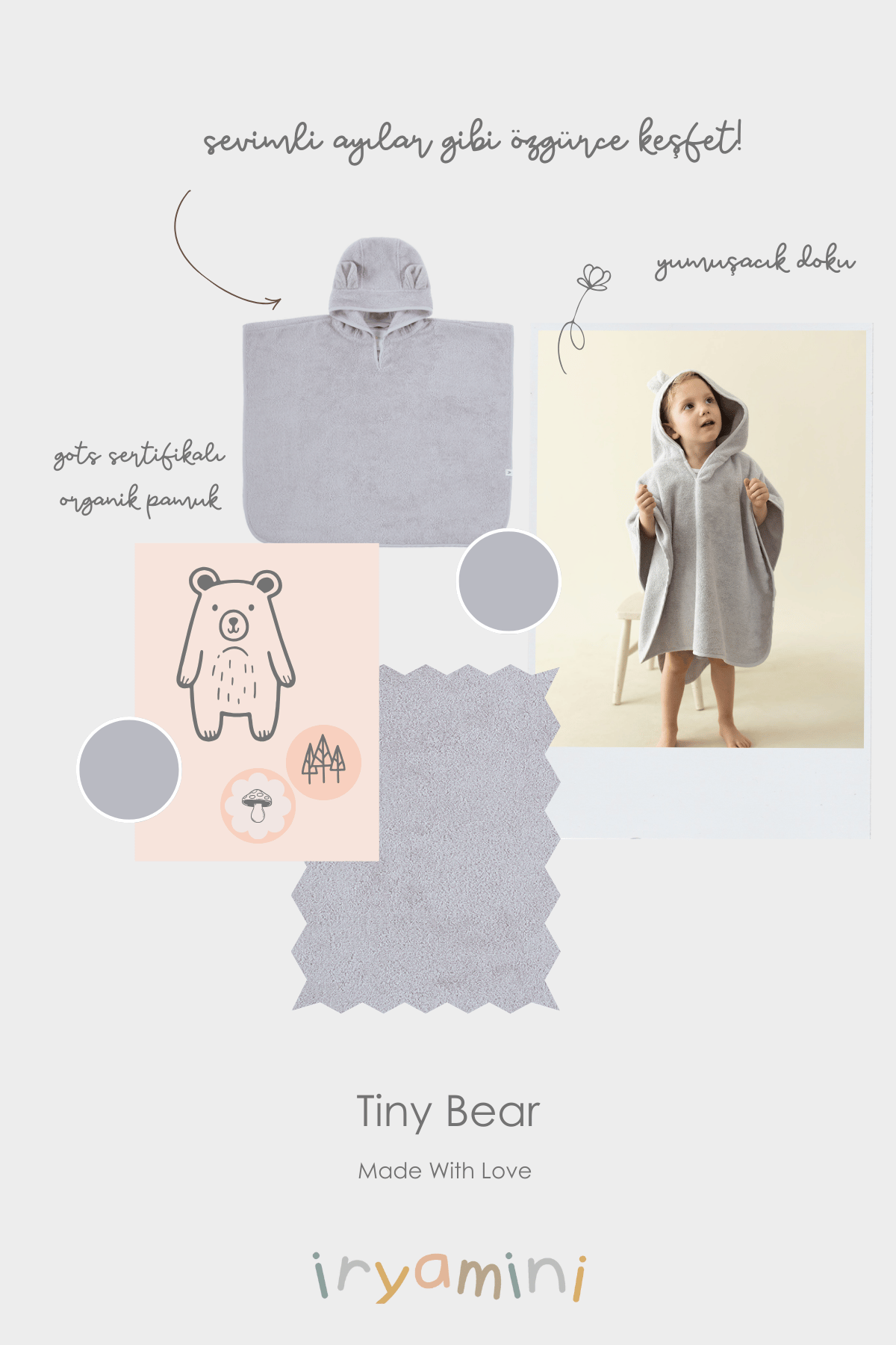 Irya-Tiny Bear Organik Pamuk Çocuk Panço Gri-Havlu & Peştamal-3-Milagron.com