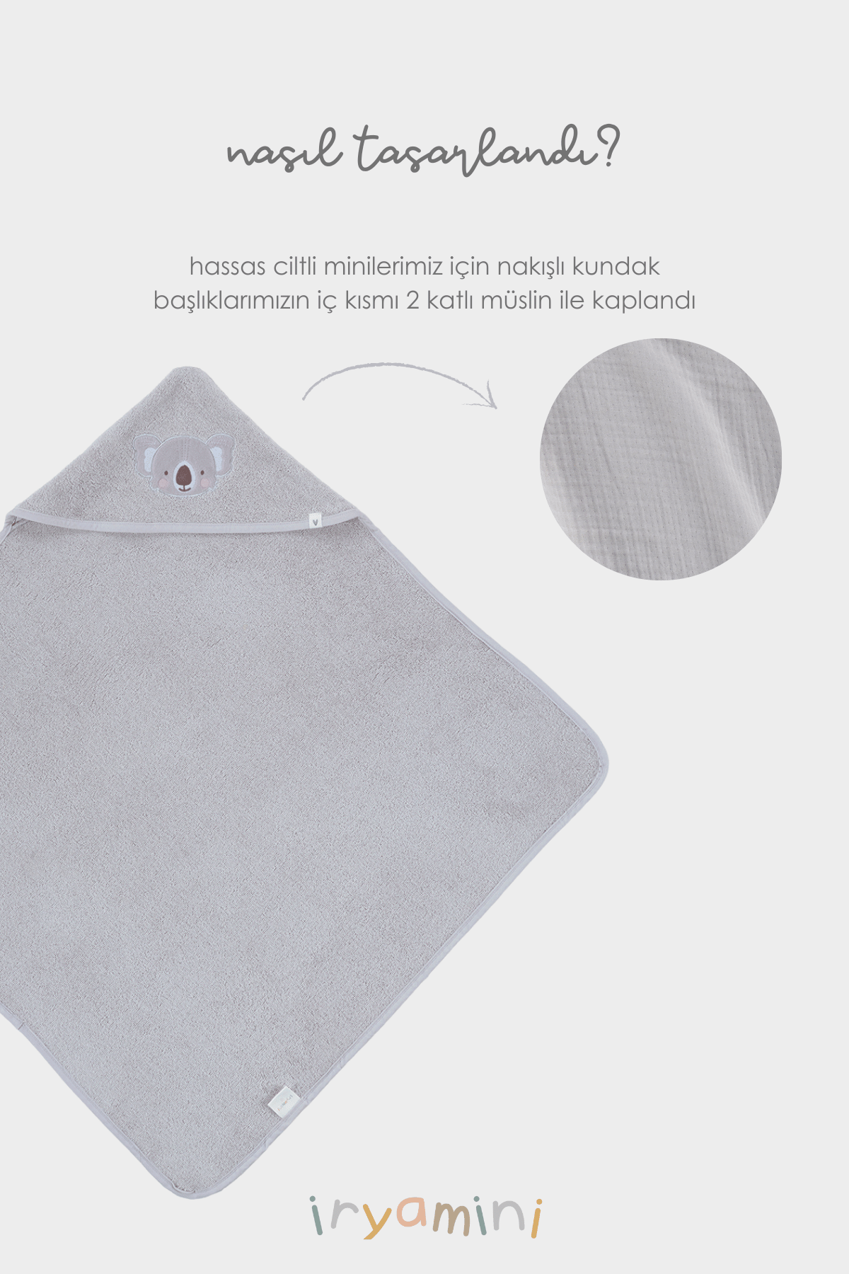 Irya-Tiny Koala Organik Pamuk Nakışlı Bebek Kundak Gri 75x75-Havlu & Peştamal-7-Milagron.com