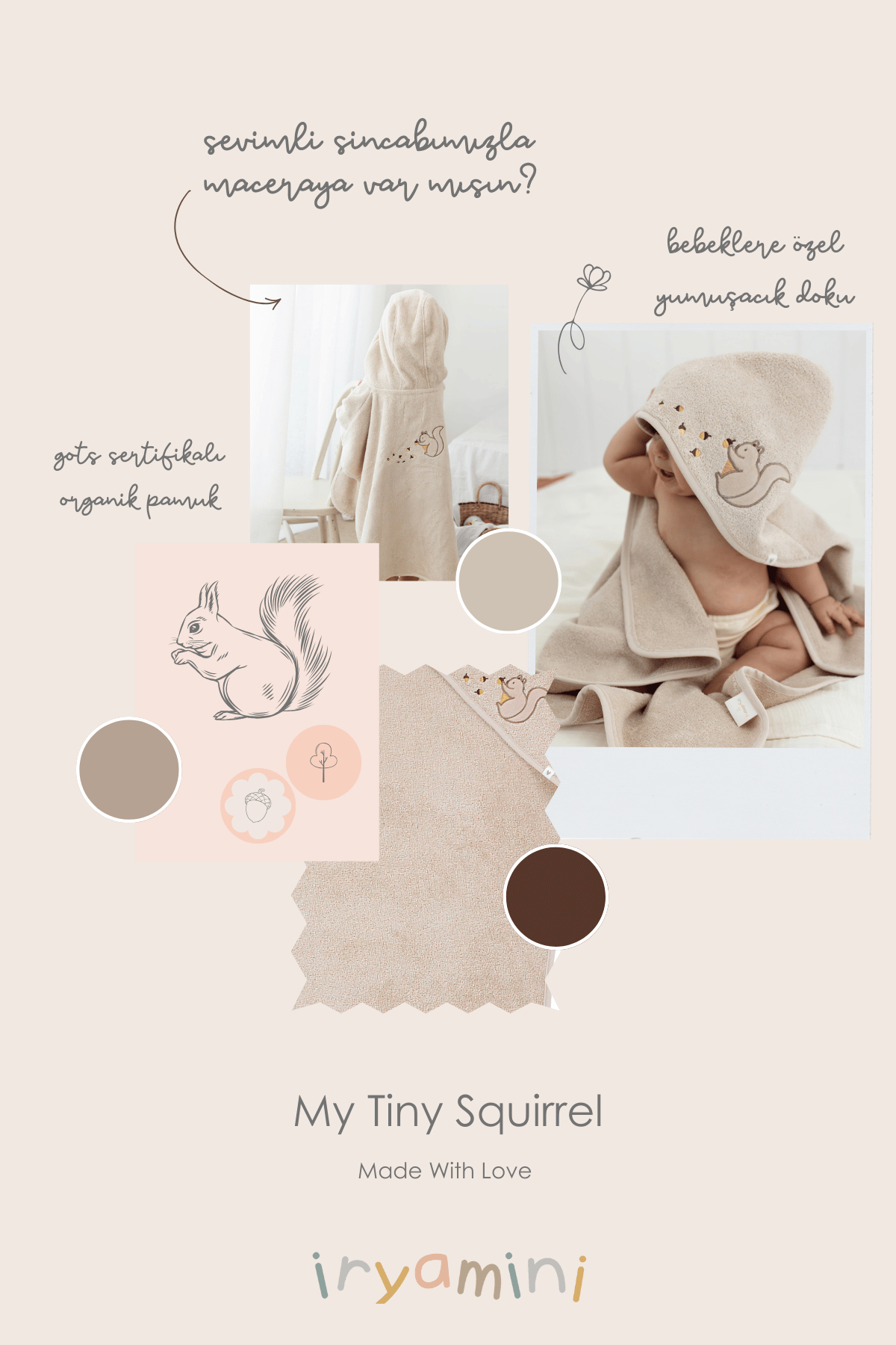 Irya-Tiny Squirrel Organik Pamuk Nakışlı Bebek Kundak Bej 75x75-Havlu & Peştamal-4-Milagron.com