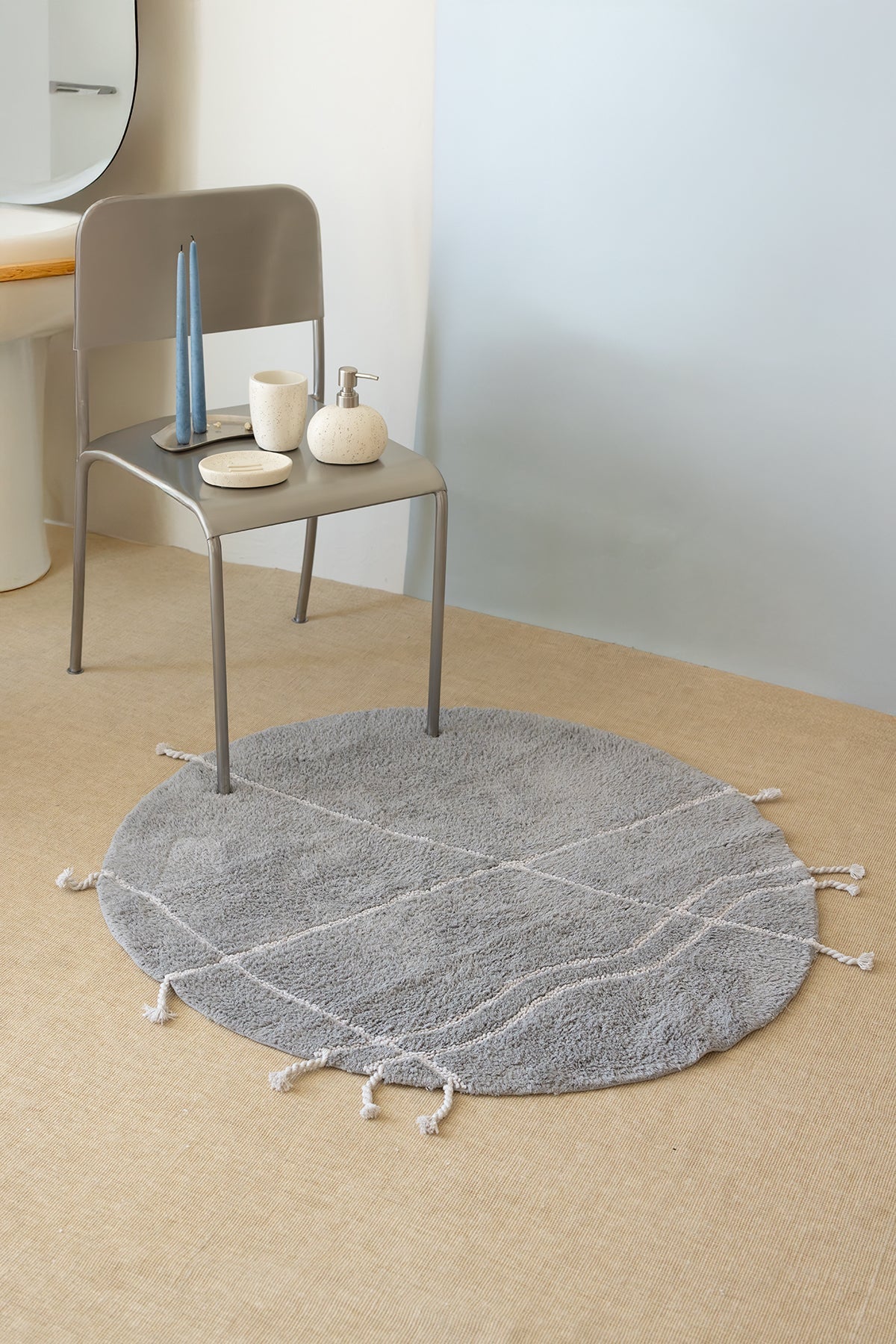 İrya-Travertine Yuvarlak Banyo Paspası %100 Pamuk 100x100 Gri-Banyo Paspası-4-Milagron.com
