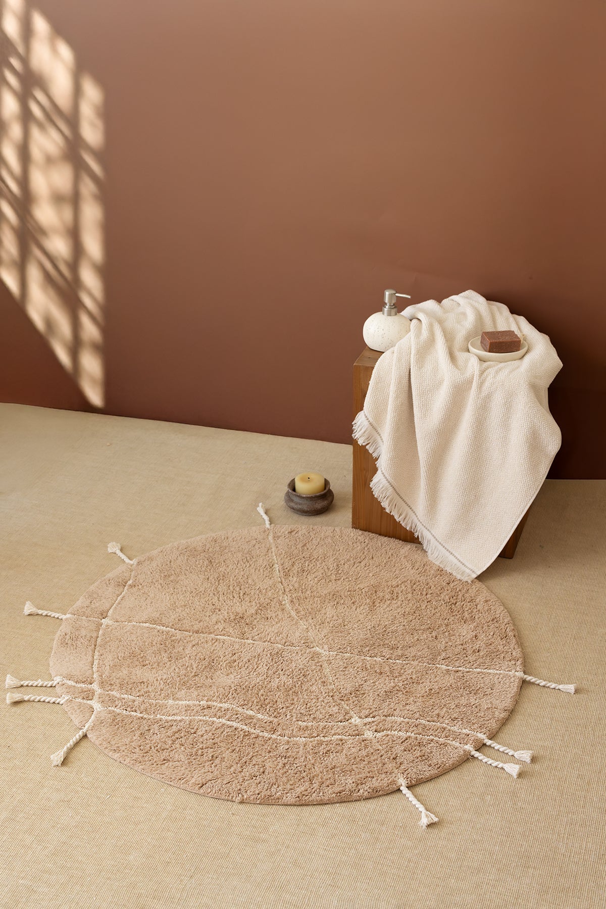 İrya-Travertine Yuvarlak Banyo Paspası %100 Pamuk 100x100 Kahverengi-Banyo Paspası-4-Milagron.com