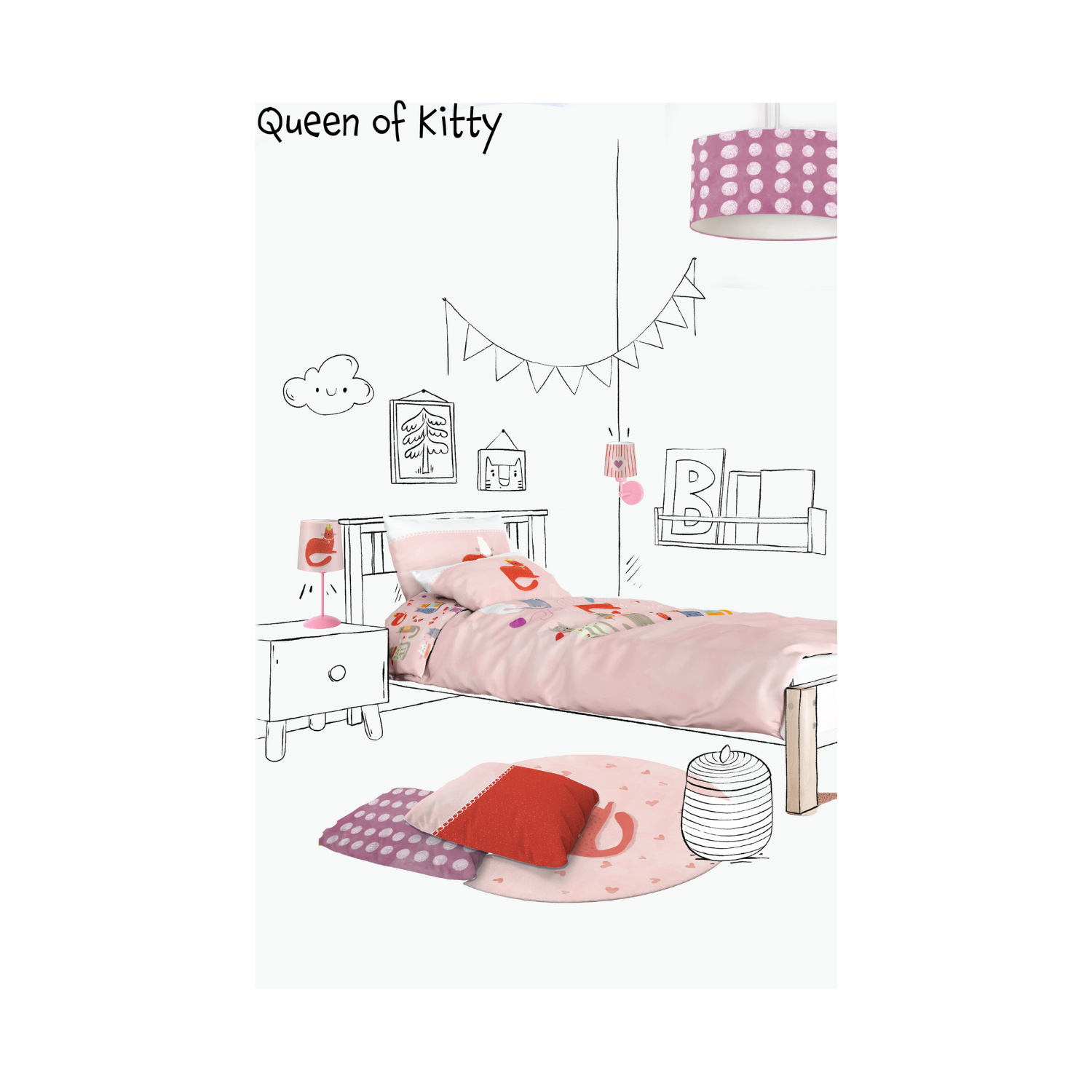 Kitty Of Queens Çift Taraflı Pamuk Saten Pembe Çocuk Nevresim Seti 140X200Cm