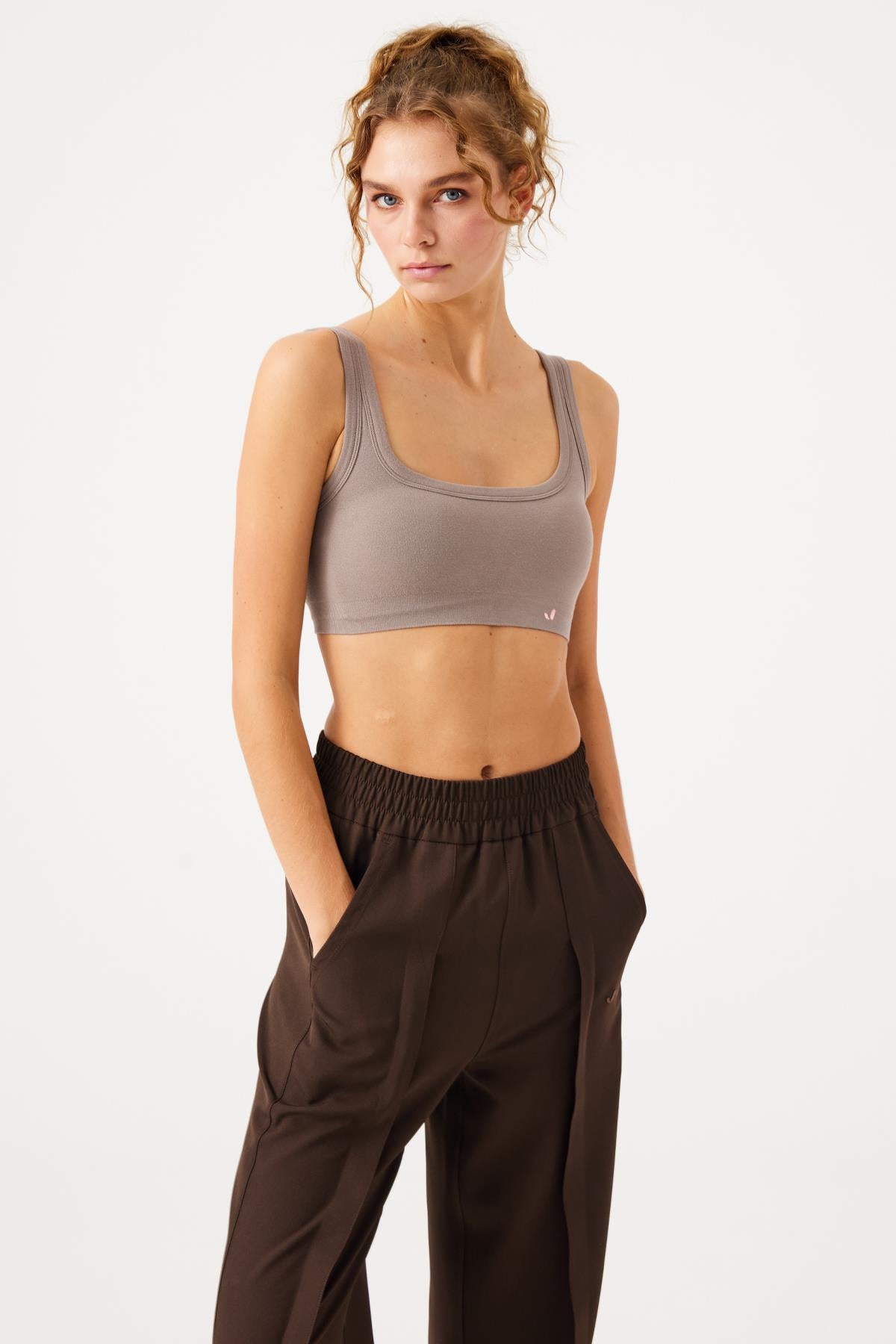 Jerf-Aura Çift Katlı Modal Bra Açık Kahve-Spor Sütyeni-4-Milagron.com
