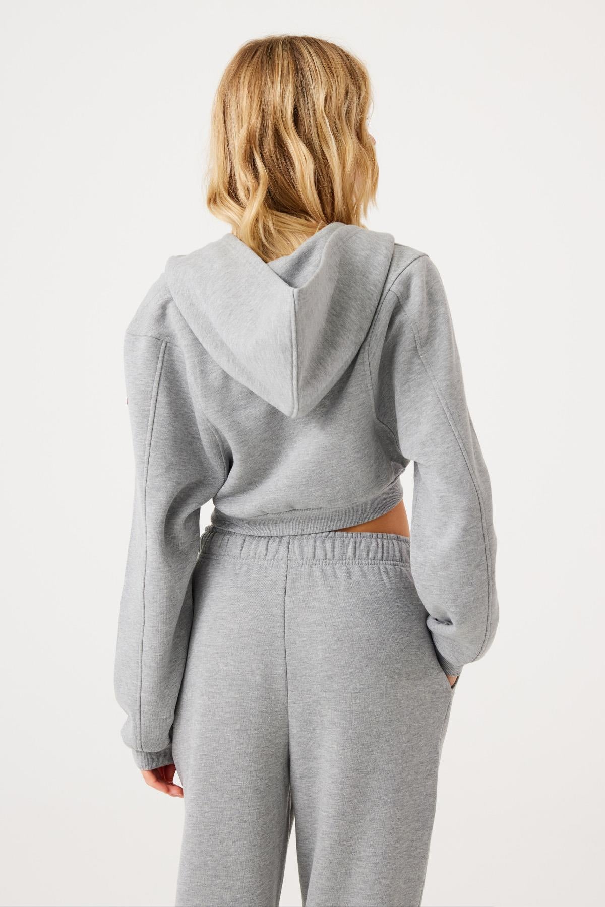 Jerf-Aura Fermuarlı Crop Hoodie Gri Melanj-Sweatshirts & Hoodies-2-Milagron.com