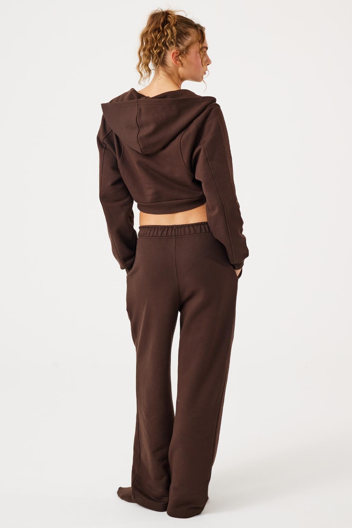 Jerf-Aura Fermuarlı Crop Hoodie Kahverengi-Sweatshirts & Hoodies-3-Milagron.com