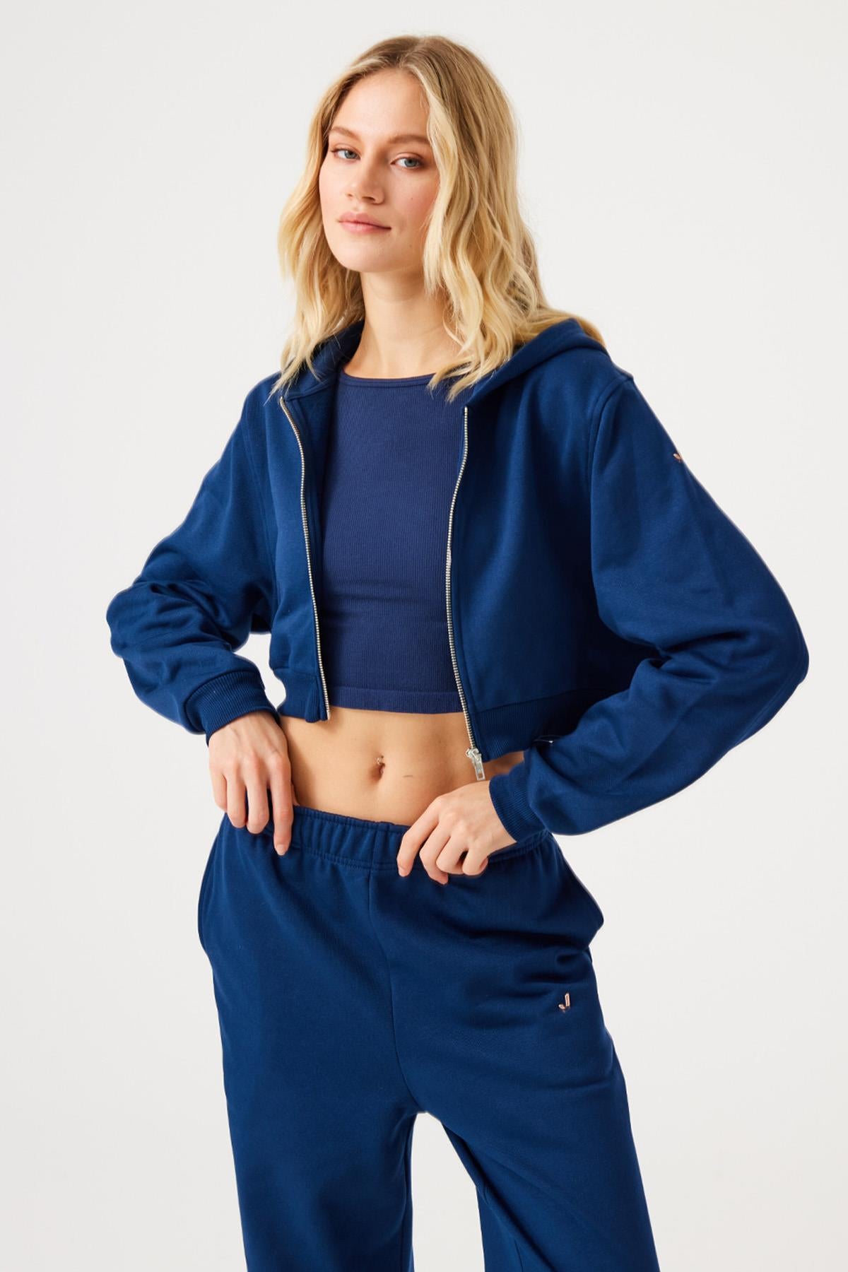 Jerf-Aura Fermuarlı Crop Hoodie Lacivert-Sweatshirts & Hoodies-3-Milagron.com