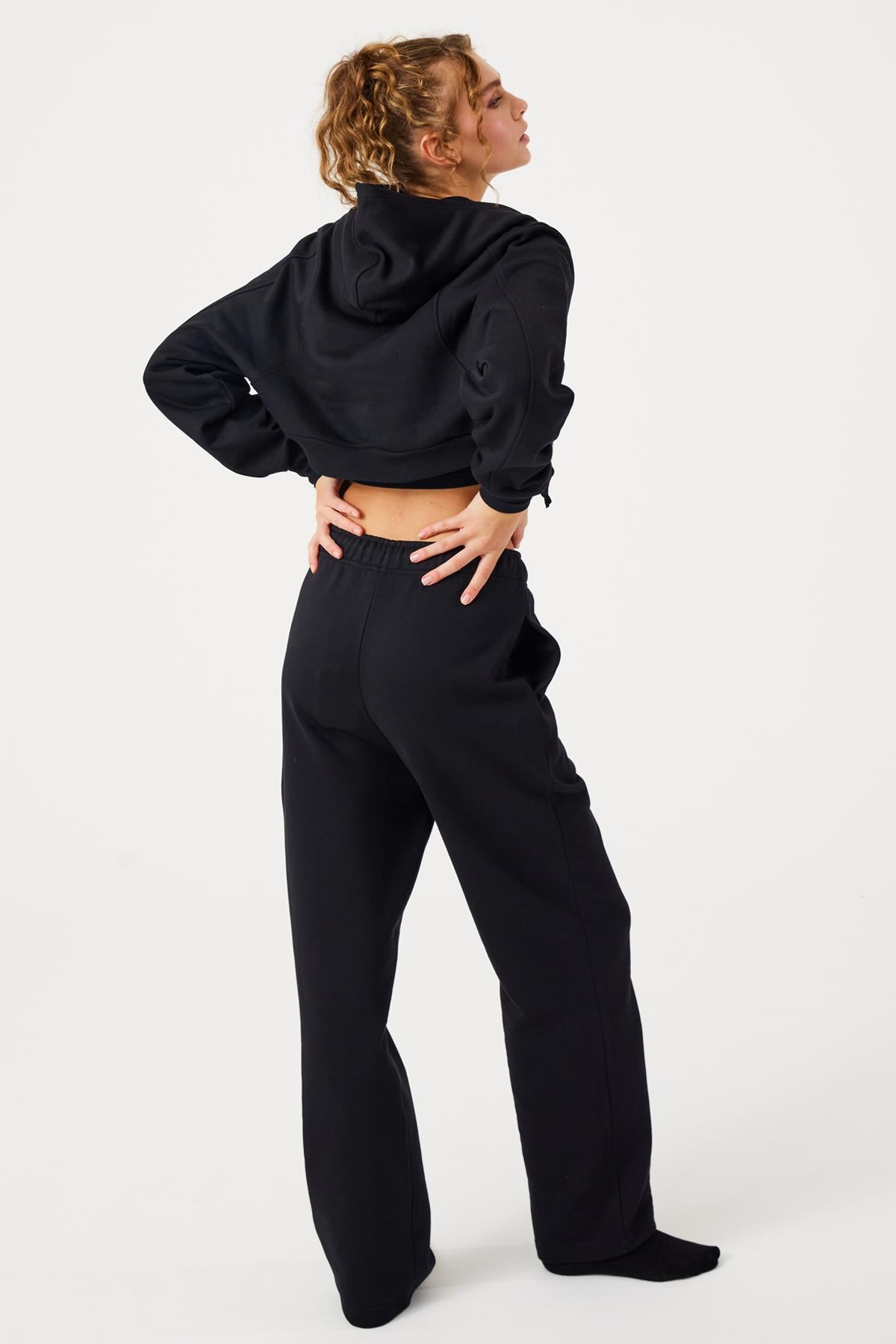 Jerf-Aura Fermuarlı Crop Hoodie Siyah-Sweatshirts & Hoodies-4-Milagron.com