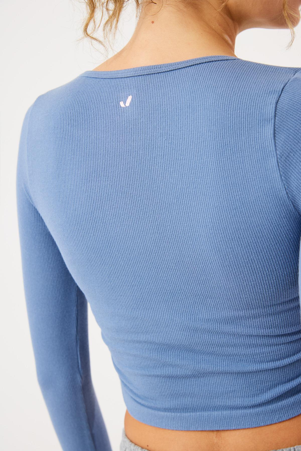 Jerf-Aura Uzun Kol Büzgülü Tshirt Mavi-T-shirt-2-Milagron.com
