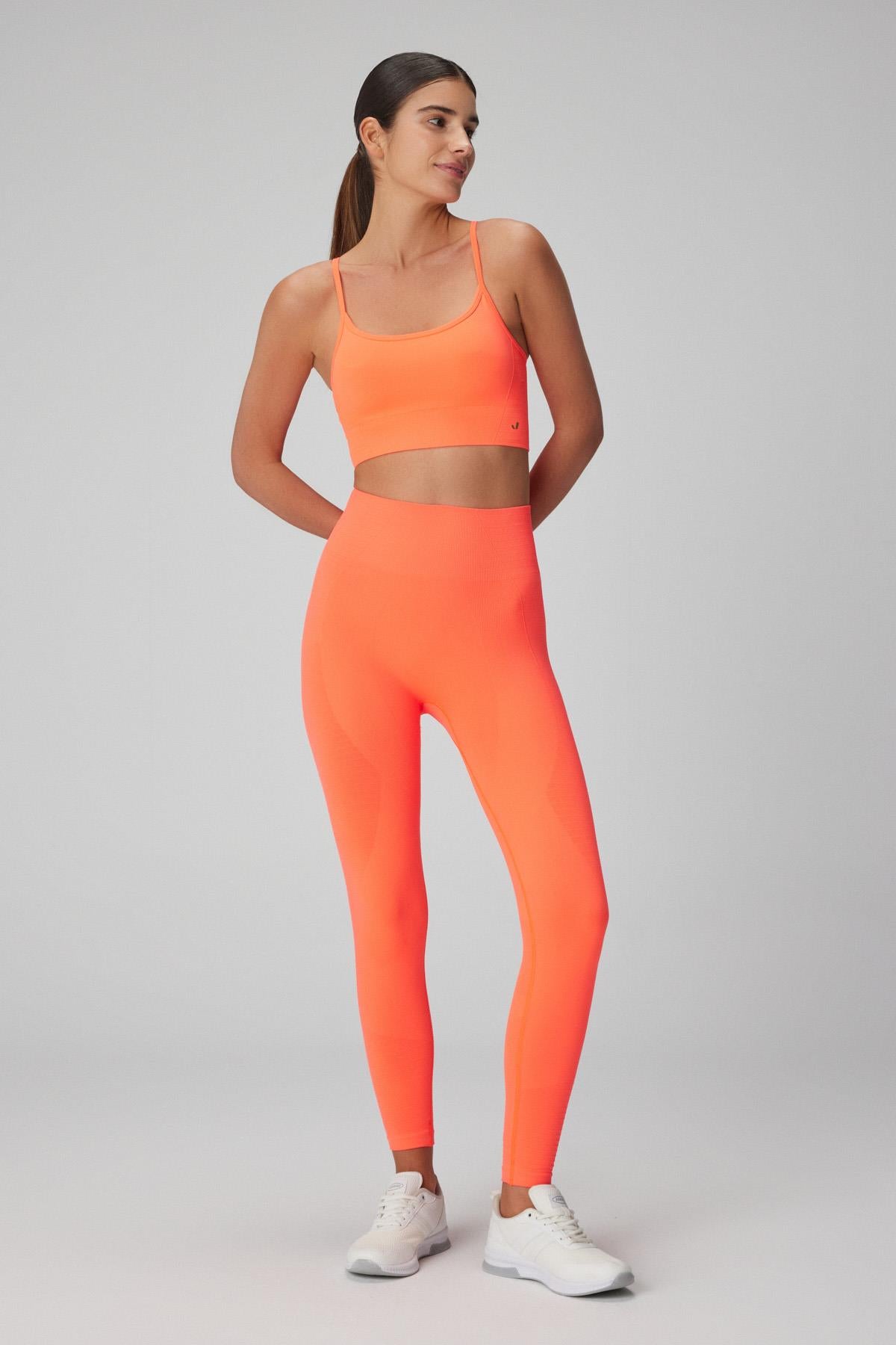 Jerf-Gela Yüksek Bel, Esnek Ve Toparlayıcı Spor Tayt Neon Mercan-Tayt-3-Milagron.com