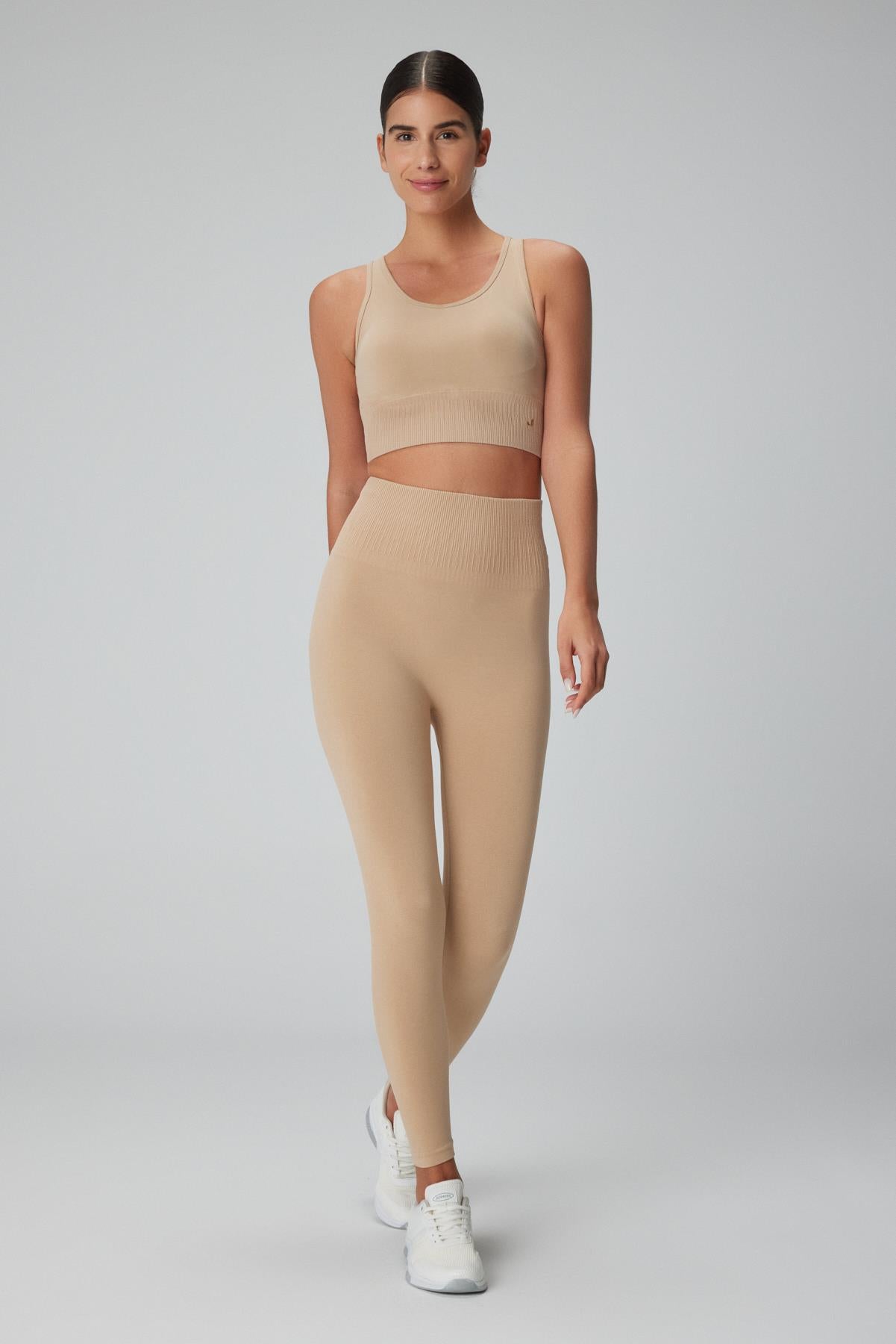 Jerf-Luz Kemeri Rip Detaylı Yüksek Bel, Sıkılaştırıcı Tayt Bej-Tayt-3-Milagron.com