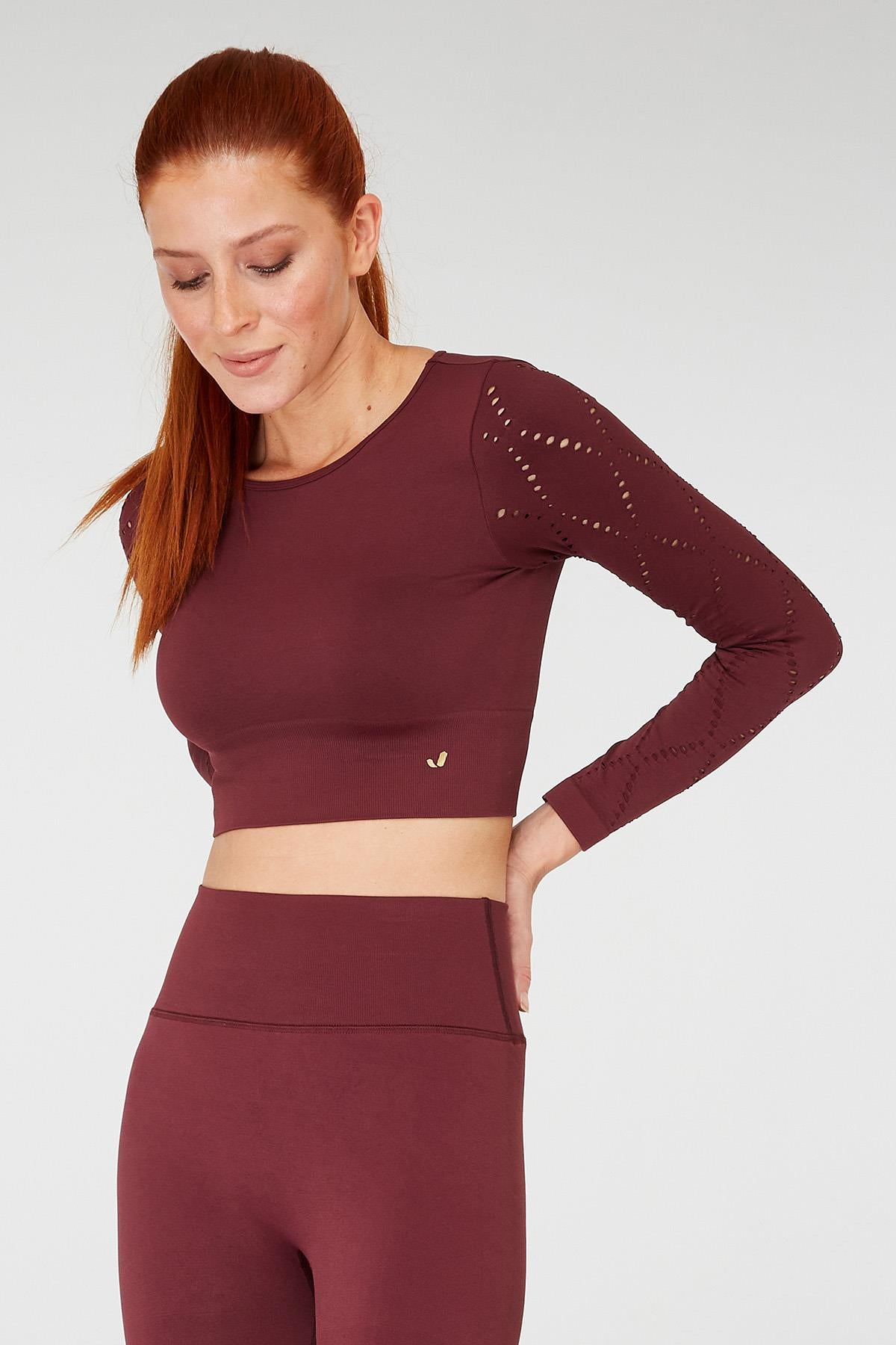 Jerf-Naples Uzun Kol Crop Top Econyl Bordo-Crop Top-2-Milagron.com