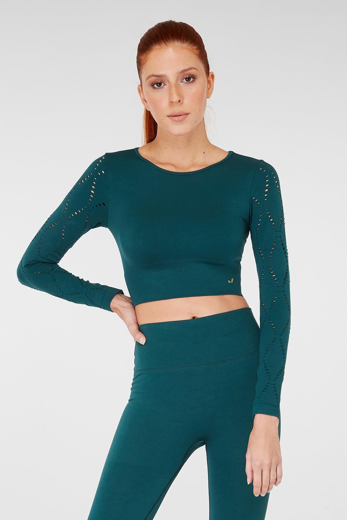Jerf-Naples Uzun Kol Crop Top Econyl Yeşil-Crop Top-2-Milagron.com