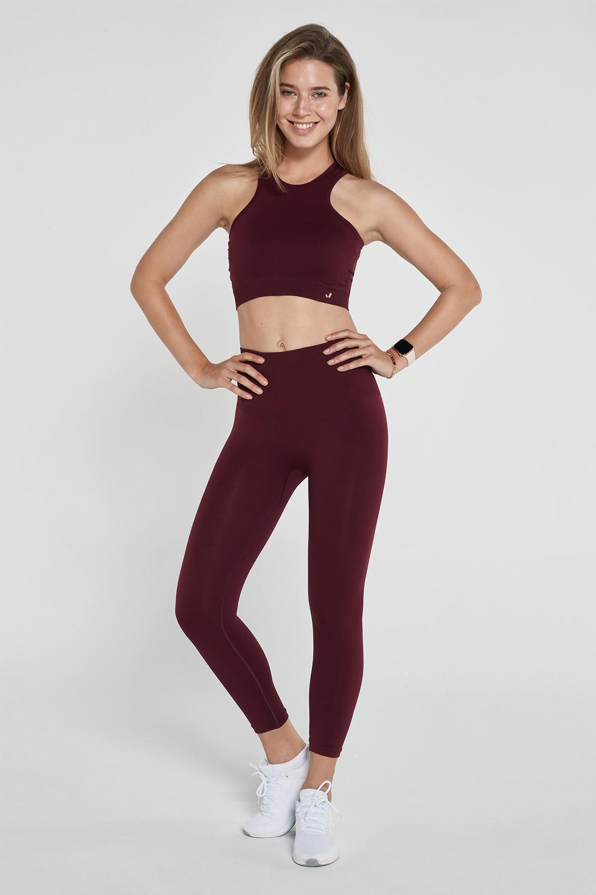 Jerf-Palmi Melanj Desenli Yüksek Bel Tayt Bordo-Tayt-3-Milagron.com