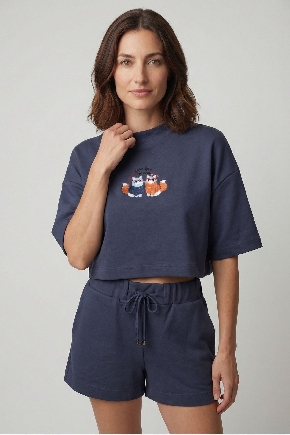 Anesha Kadın Love Nakışlı Şortlu Pijama Takımı | %100 Pamuk | Denim & Terra