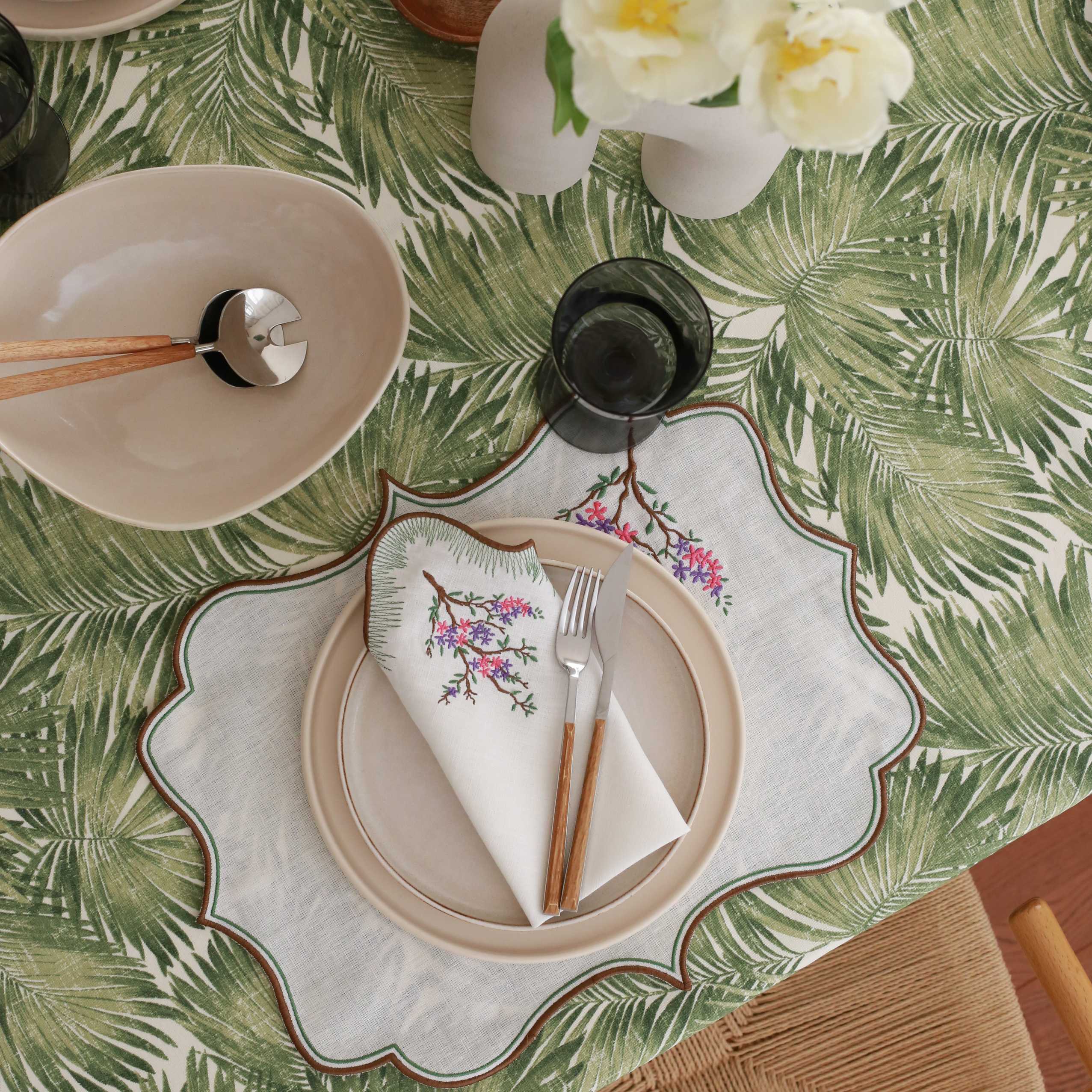 KM Home Collection-2'li Set Bahar Dalı İşlemeli Keten Amerikan Servis-Sunum Aksesuarları-3-Milagron.com