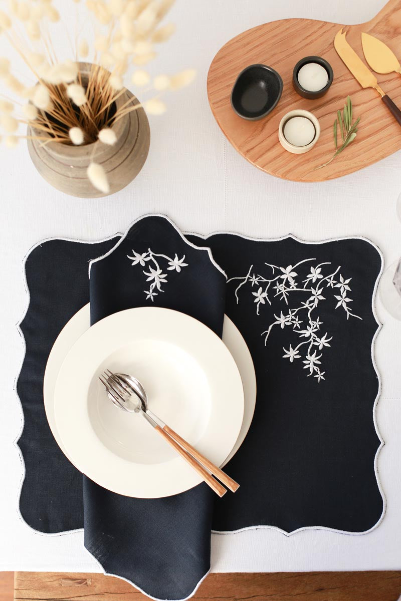 KM Home Collection-2'li Set Bahar Dalı İşlemeli Keten Amerikan Servis-Sunum Aksesuarları-8-Milagron.com