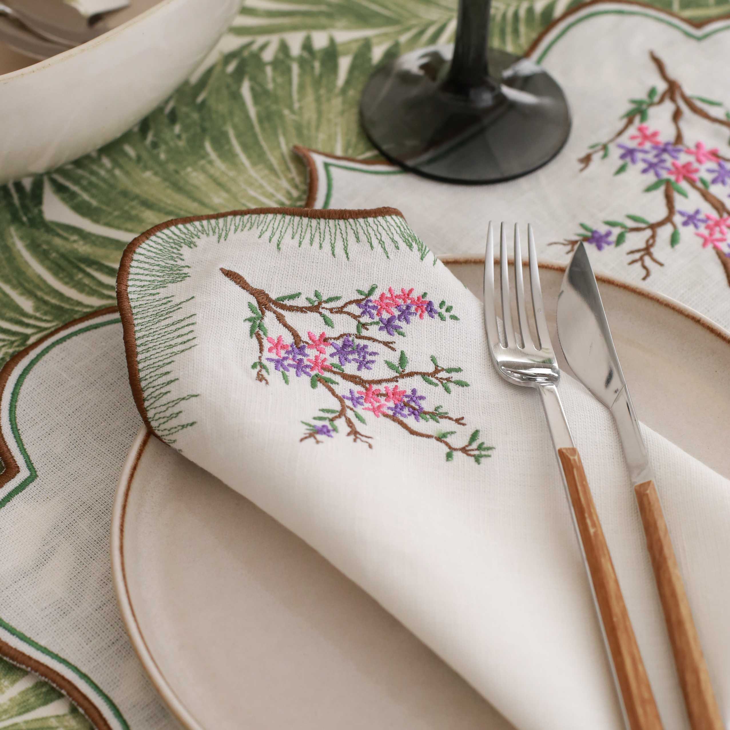 KM Home Collection-2'li Set Bahar Dalı İşlemeli Keten Peçete-Peçete-2-Milagron.com