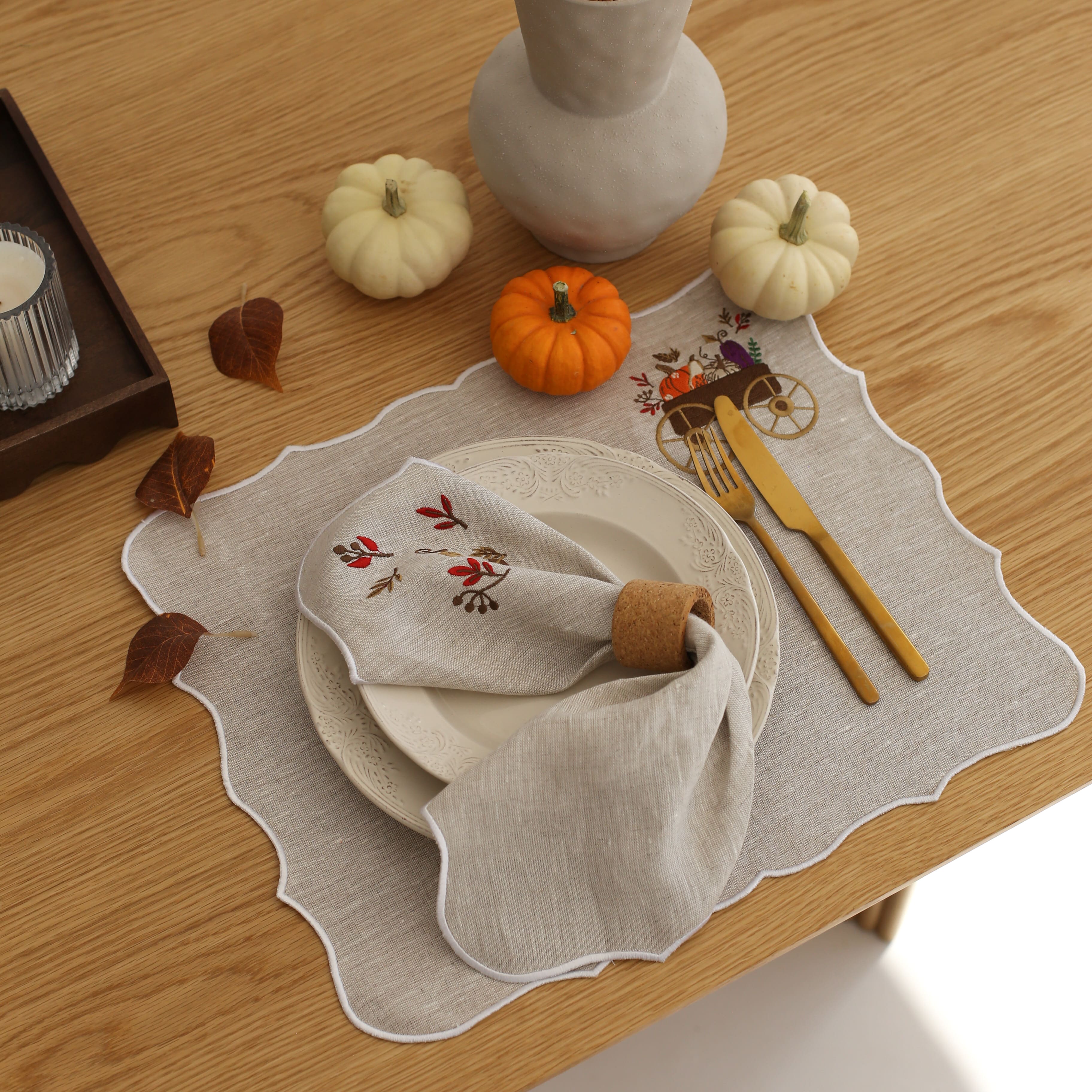 KM Home Collection-2'li Set Bahar Yaprakları İşlemeli Peçete-Peçete-3-Milagron.com