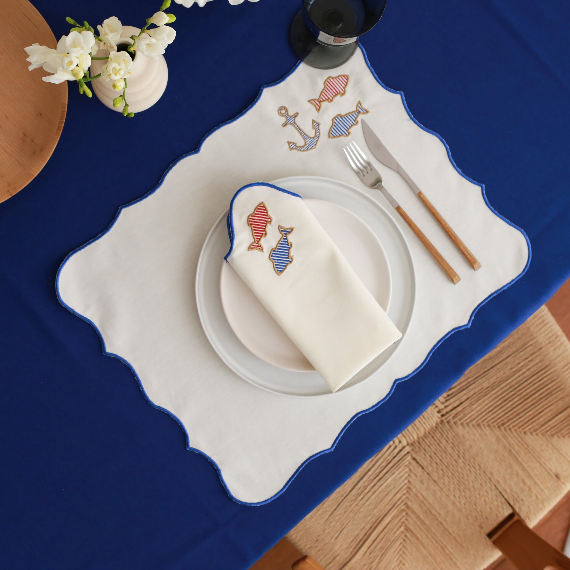 KM Home Collection-2'li Set Balık İşlemeli Pamuk Peçete-Peçete-4-Milagron.com