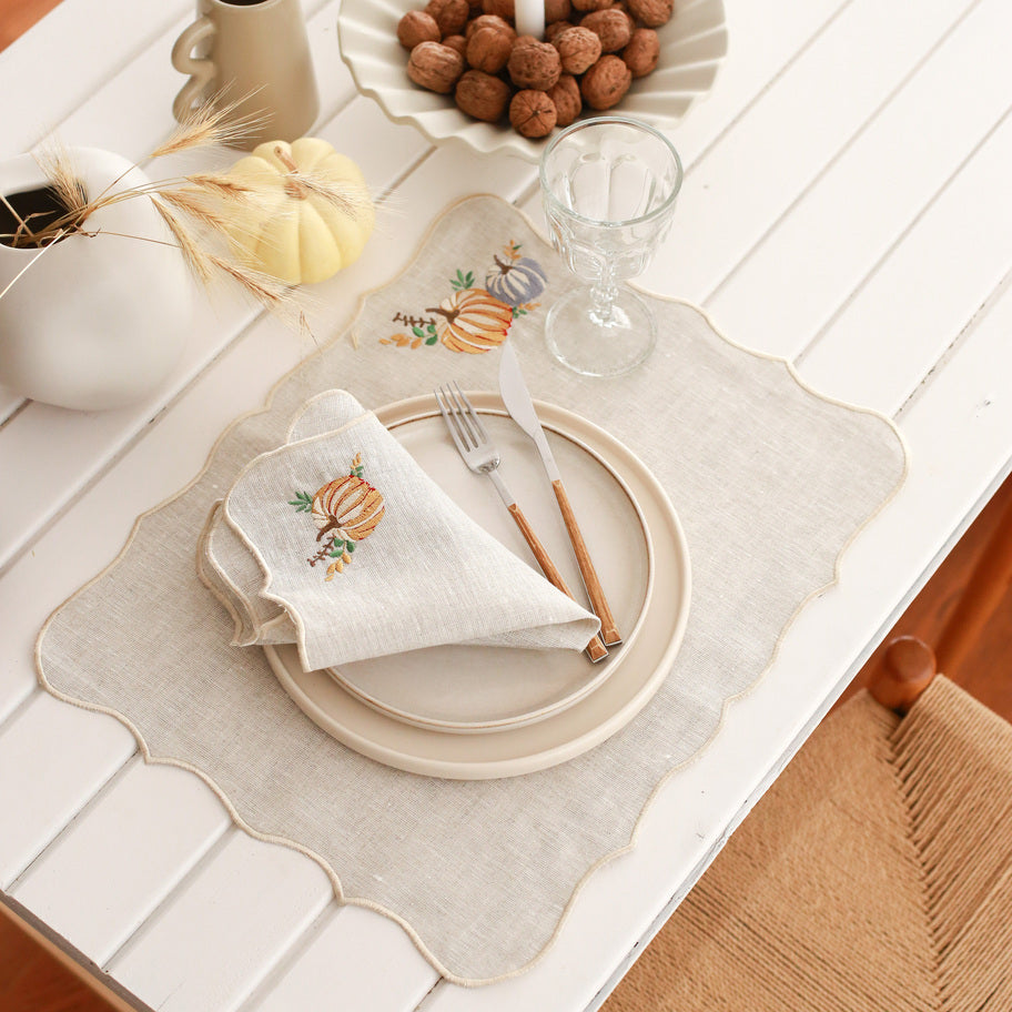 KM Home Collection-2'li Set Balkabağı İşlemeli Keten Amerikan Servis-Sunum Aksesuarları-4-Milagron.com