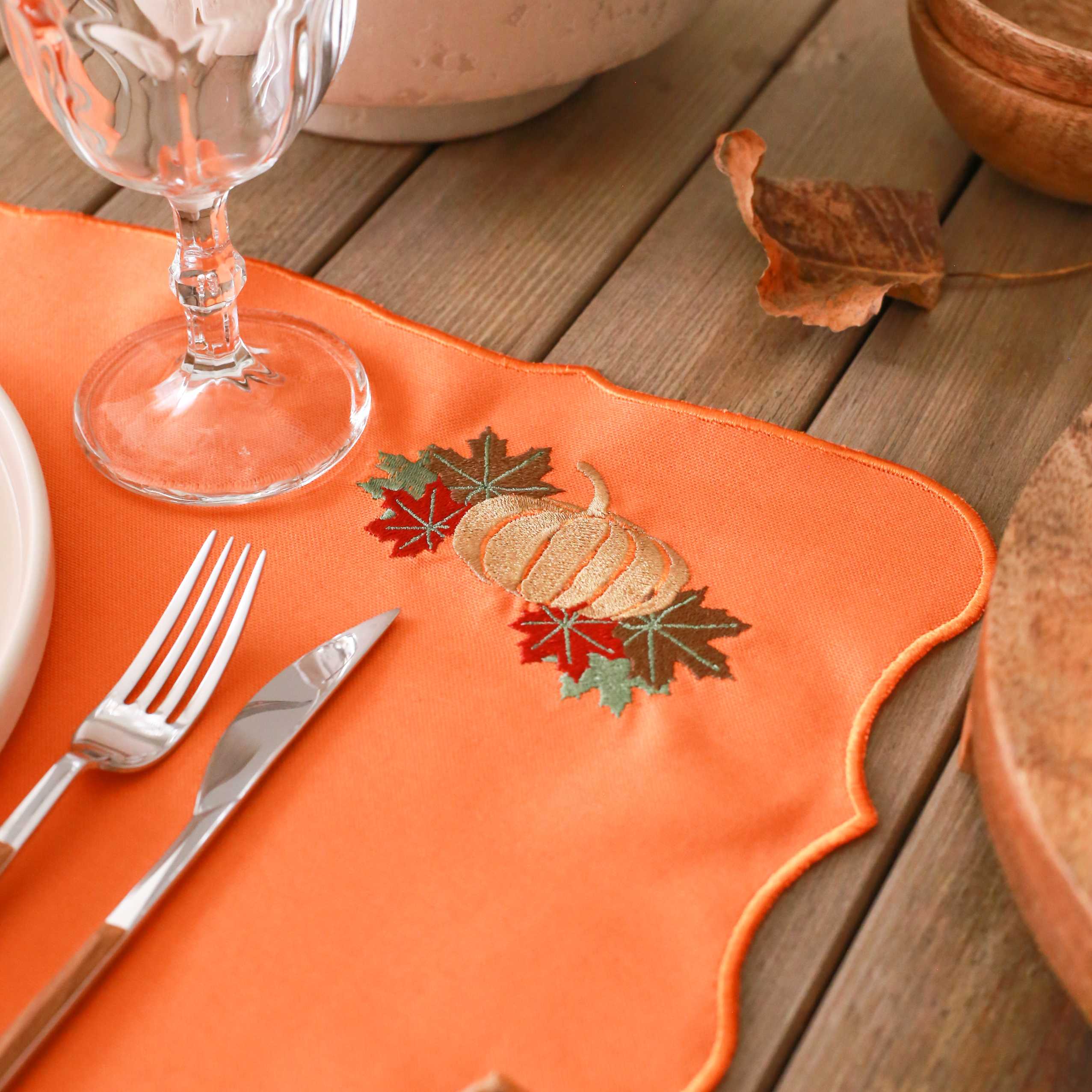 KM Home Collection-2'li Set Balkabağı İşlemeli Pamuk Amerikan Servis-Sunum Aksesuarları-2-Milagron.com