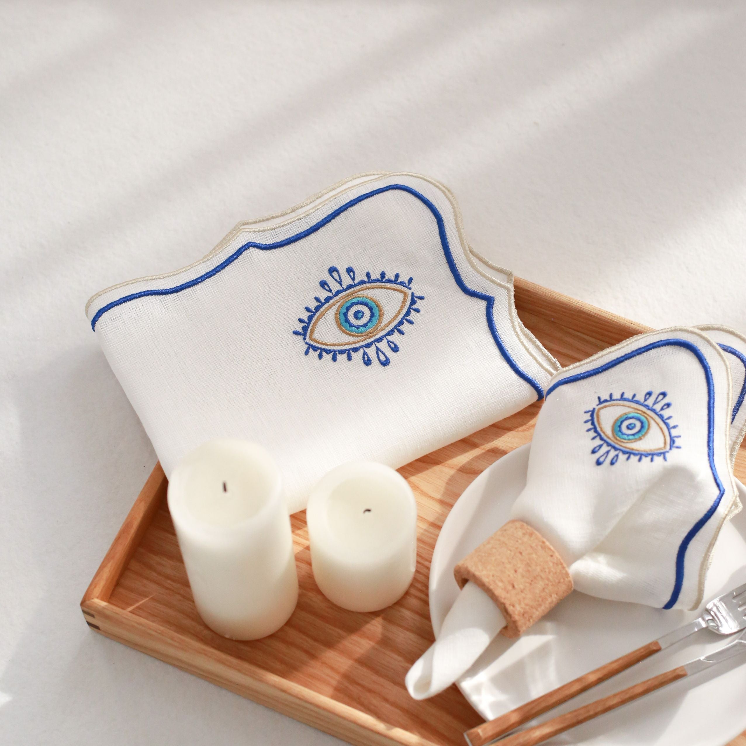 KM Home Collection-2'li Set Göz İşlemeli Keten Amerikan Servis-Sunum Aksesuarları-2-Milagron.com