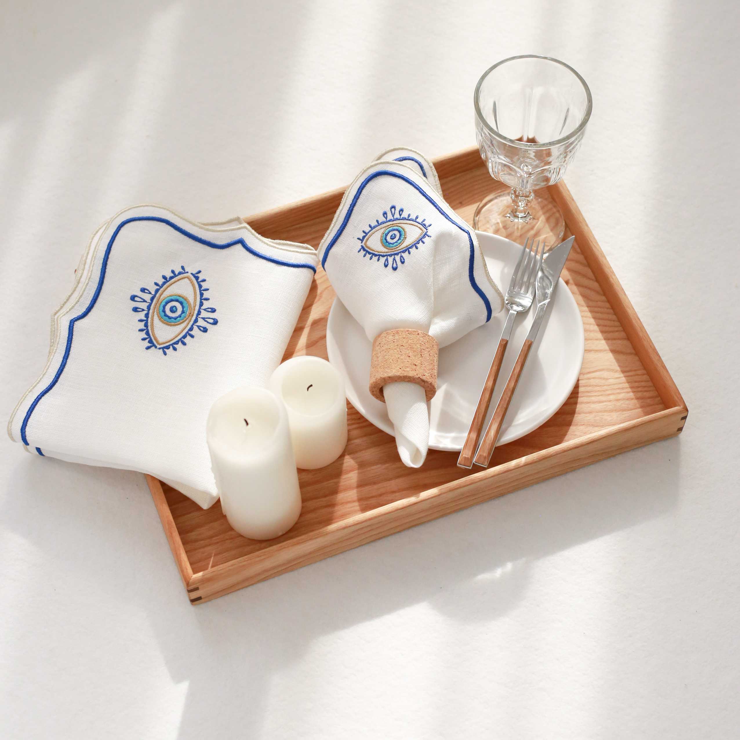 KM Home Collection-2'li Set Göz İşlemeli Keten Amerikan Servis-Sunum Aksesuarları-3-Milagron.com